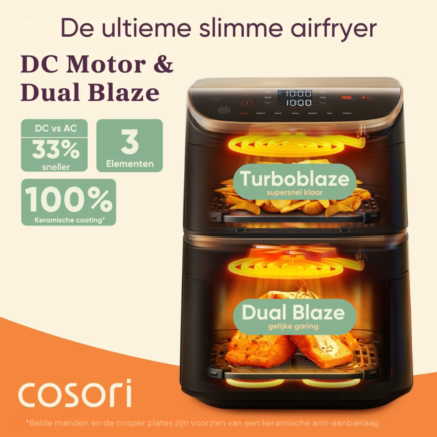 An air fryer showing food inside. Text includes 'Turboblaze' and 'Dual Blaze'. Also features 'DC motor'.