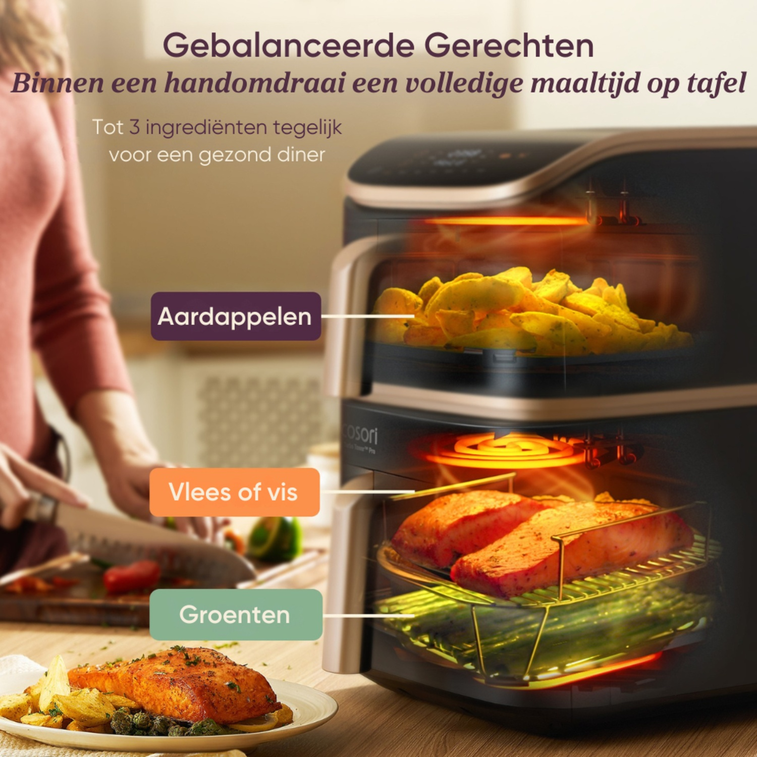 An air fryer shows potatoes, fish, and vegetables cooking. A person is seen cutting vegetables. The text mentions a balanced meal.