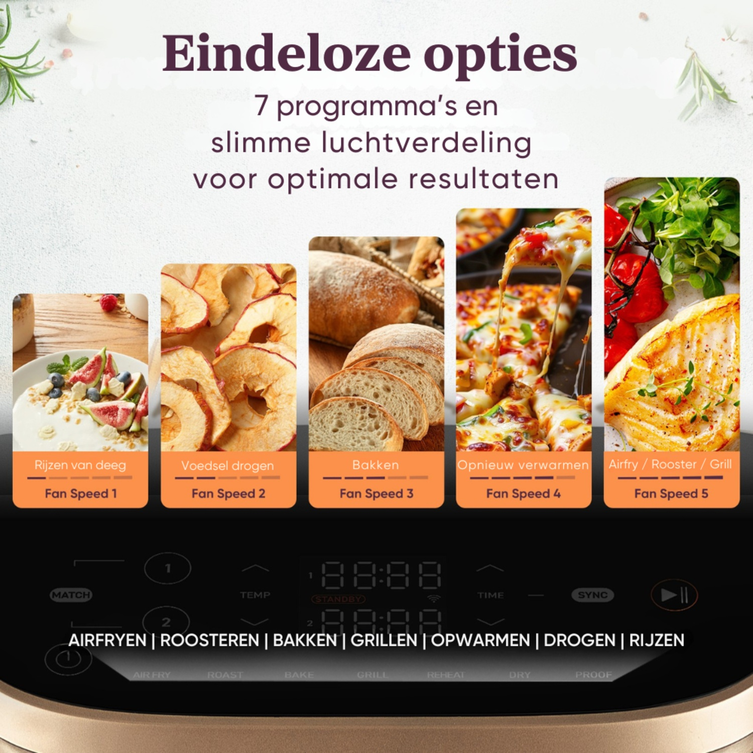 An air fryer with food samples: bread, pizza, and vegetables. Controls with options for air frying, baking, grilling, and more.
