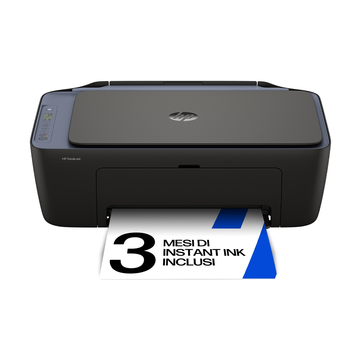 Stampante HP DeskJet nera con carta '3 mesi di instant ink inclusi'. Parte superiore grigia, dettagli blu, sfondo bianco.