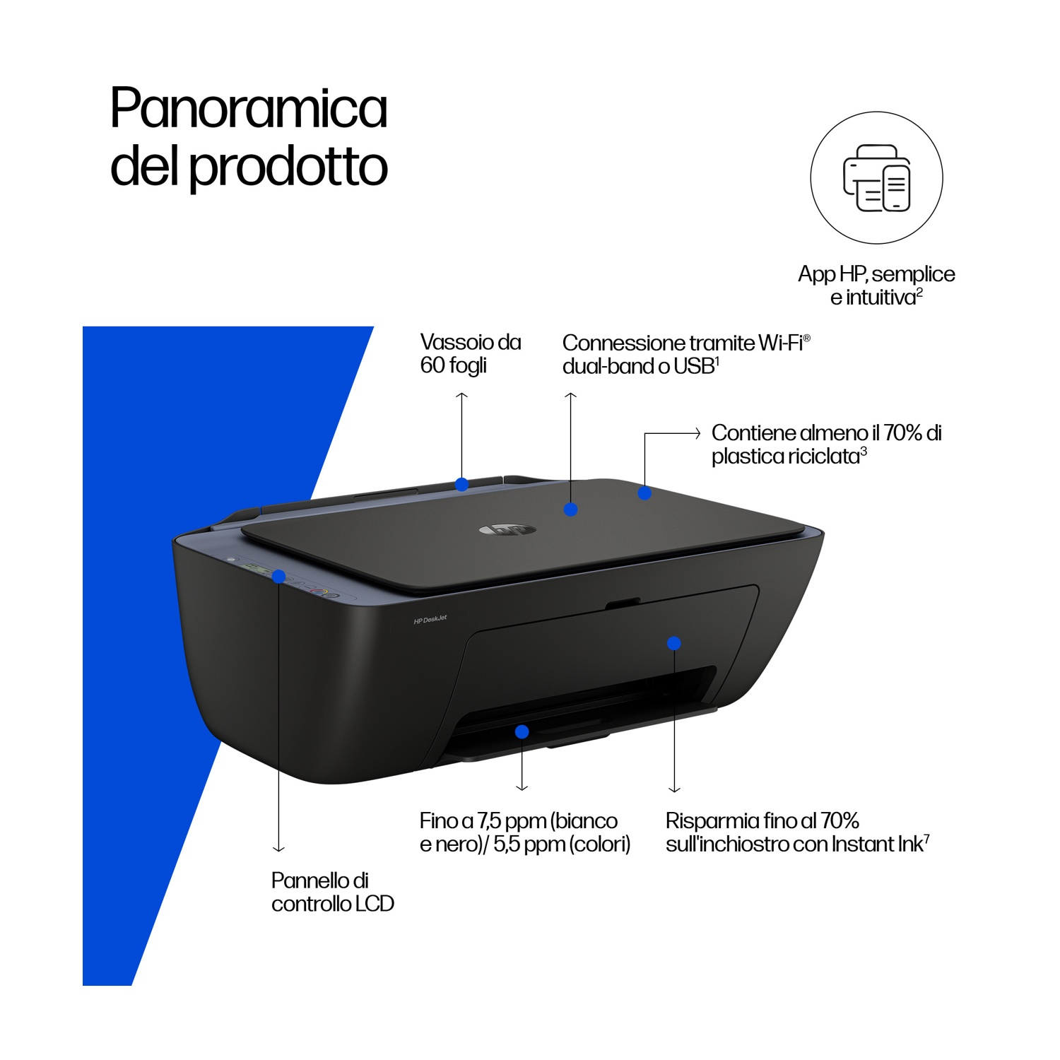 Una stampante HP DeskJet nera. Caratteristiche: vassoio carta, Wi-Fi, pannello di controllo LCD e plastica riciclata.