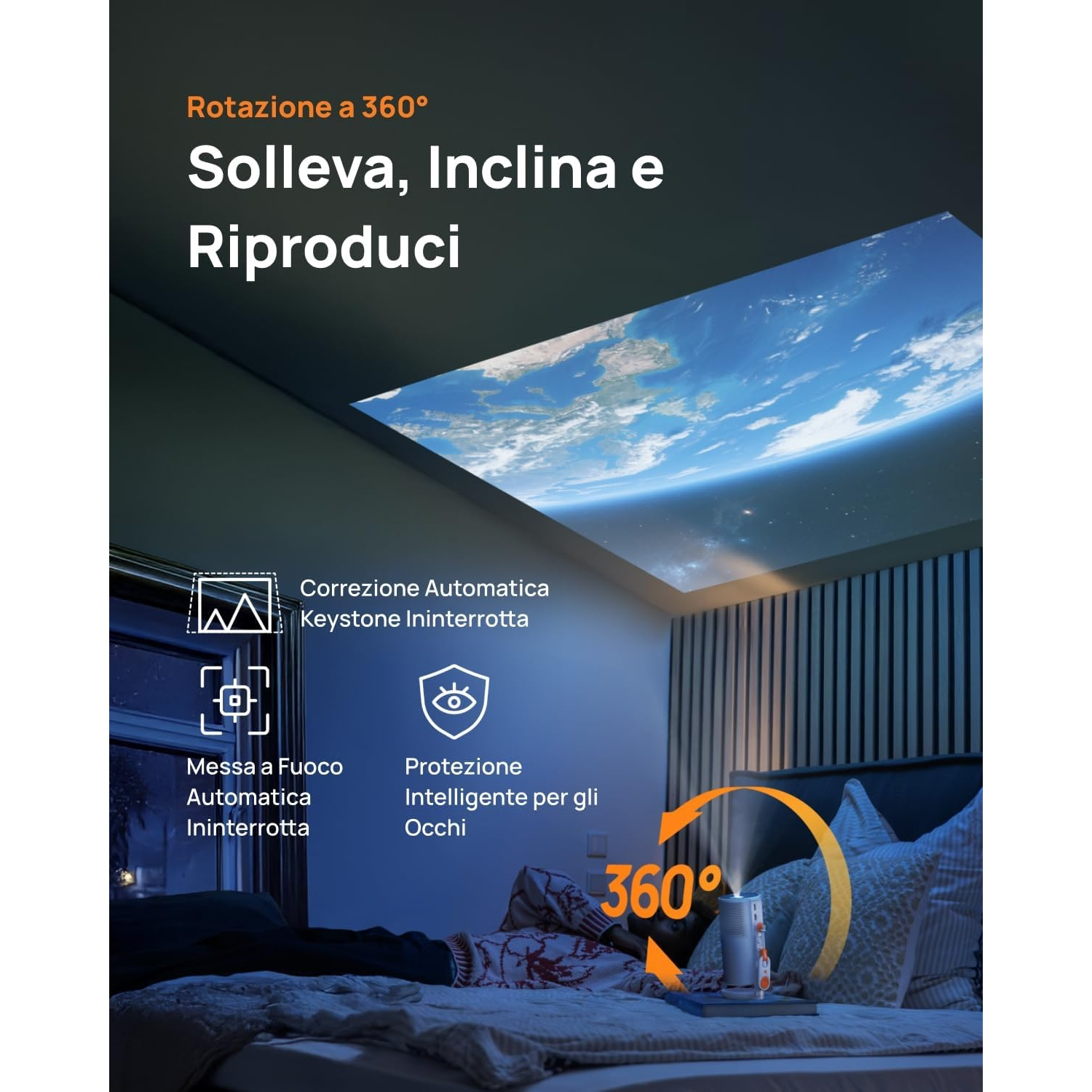 Scena di una camera da letto con un proiettore che mostra la Terra sul soffitto. Il testo evidenzia funzioni come la rotazione a 360° e la protezione degli occhi.