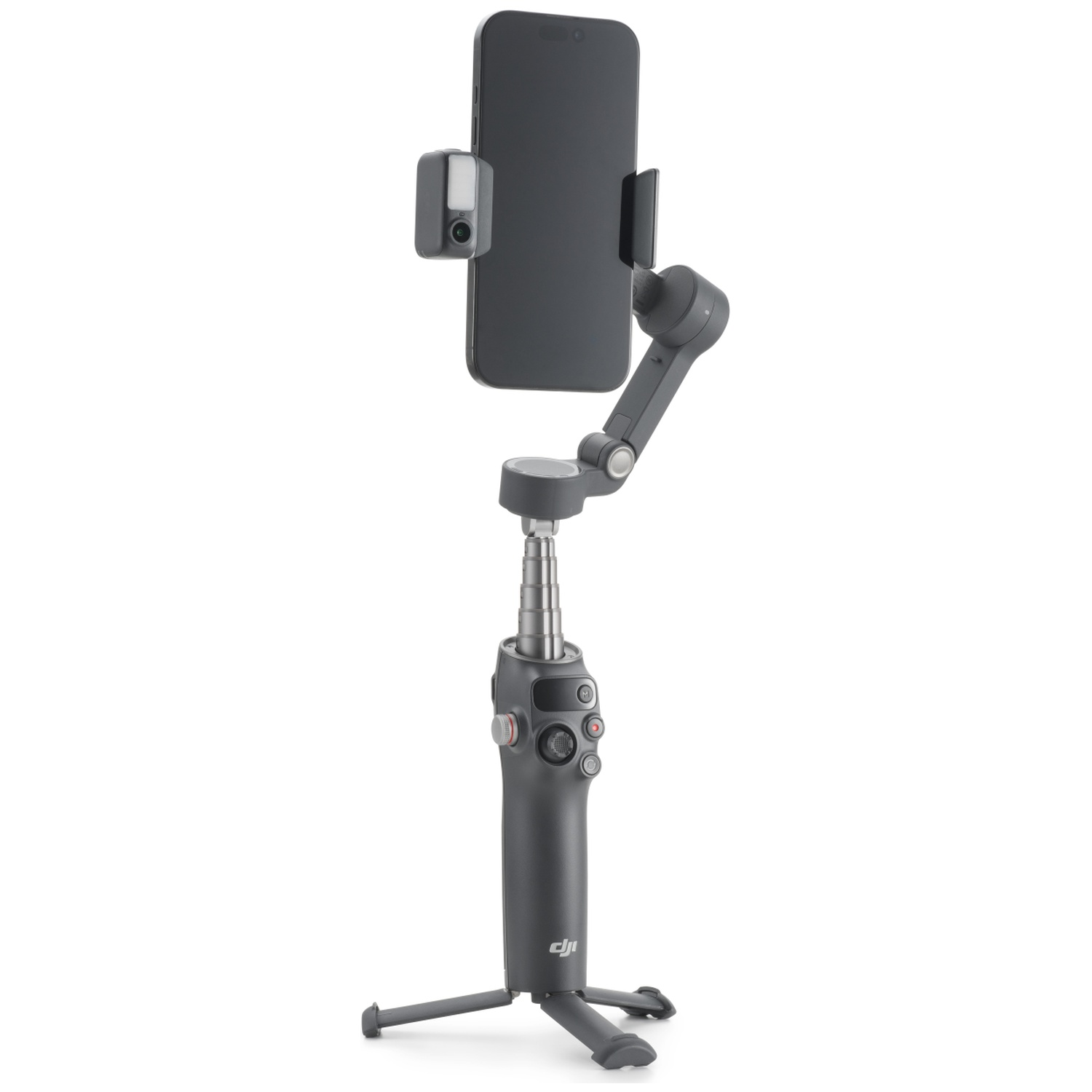 A gray smartphone gimbal with a phone attached. It has a tripod base and control buttons. A small light is attached to the phone.