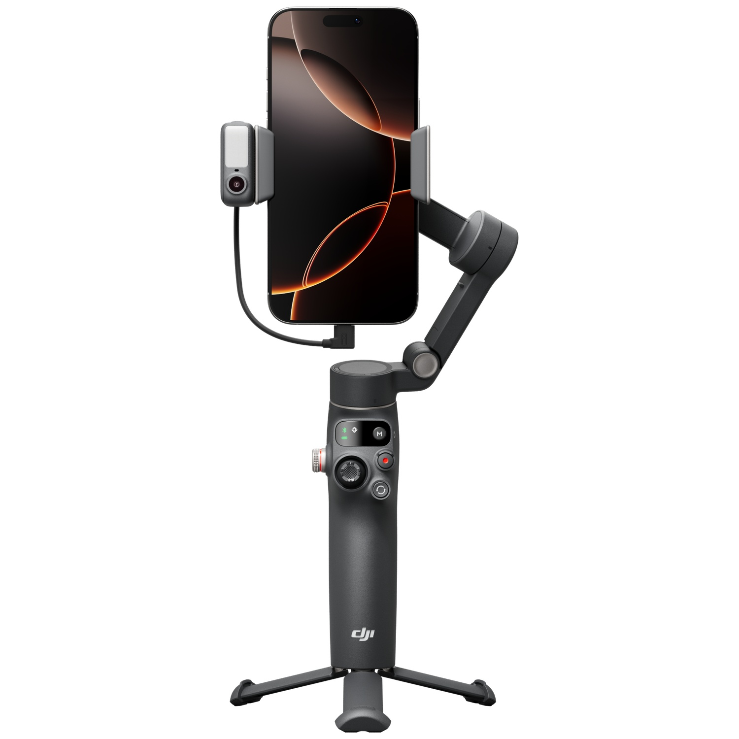 A black smartphone is mounted on a gray gimbal stabilizer. A small camera is attached. The phone screen displays orange and black design.