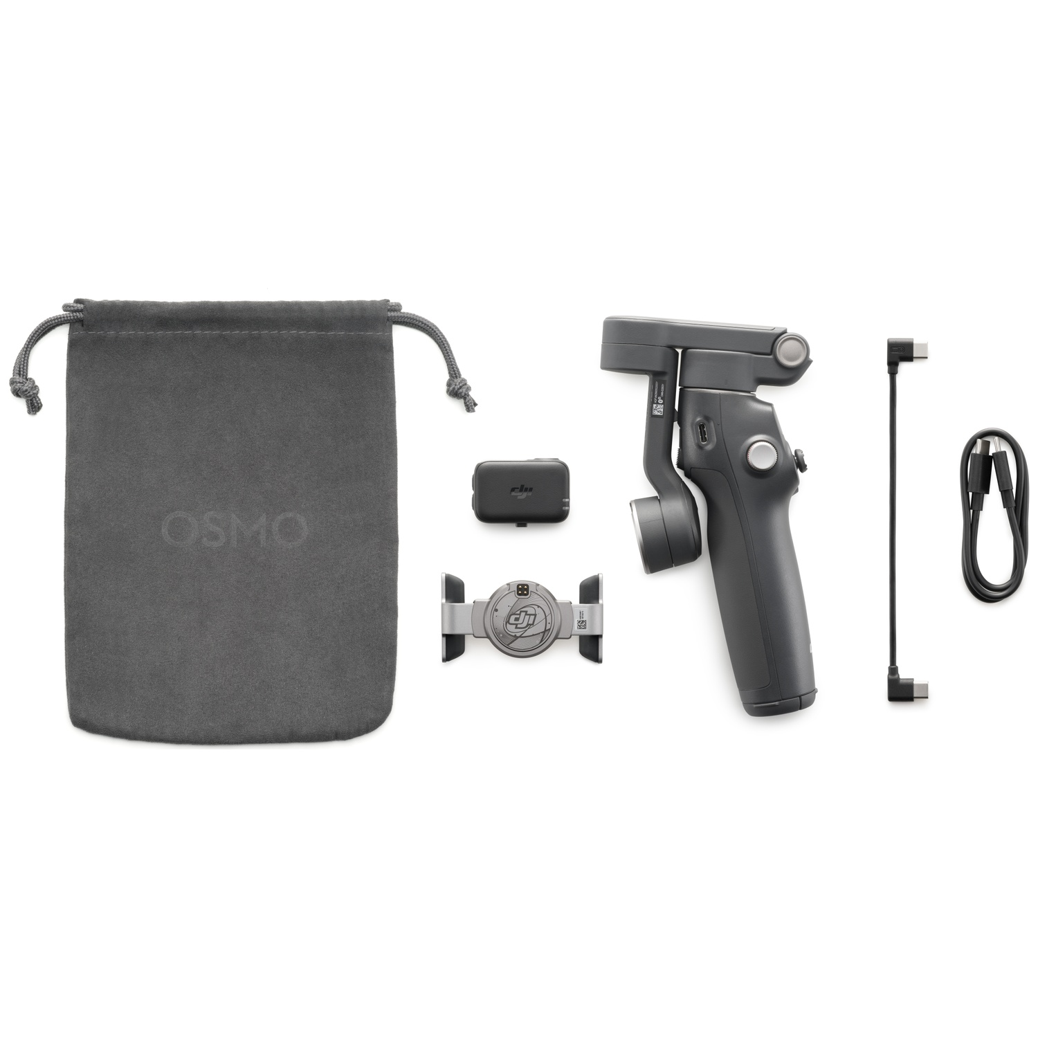 A gray Osmo camera kit on a white background. Includes a gimbal, case, charger, and cables.
