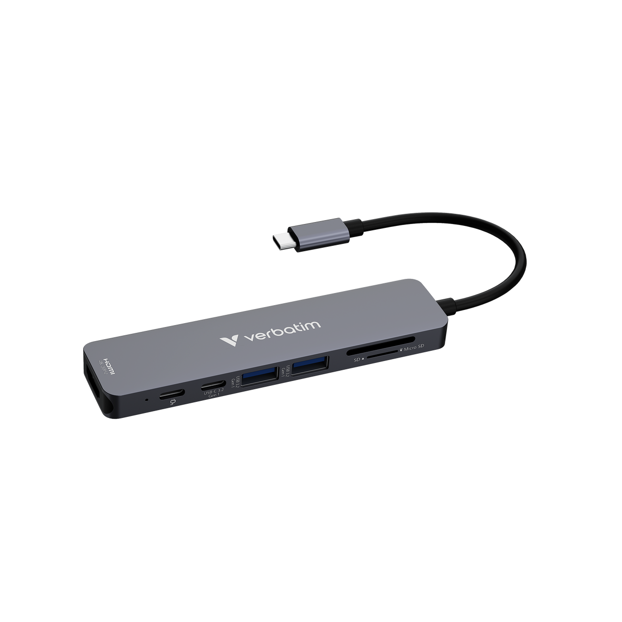 Siyah arka plan üzerinde siyah bir kabloyla bağlanan, HDMI, USB ve SD kart yuvalarına sahip gri bir Verbatim USB-C hub'ı.