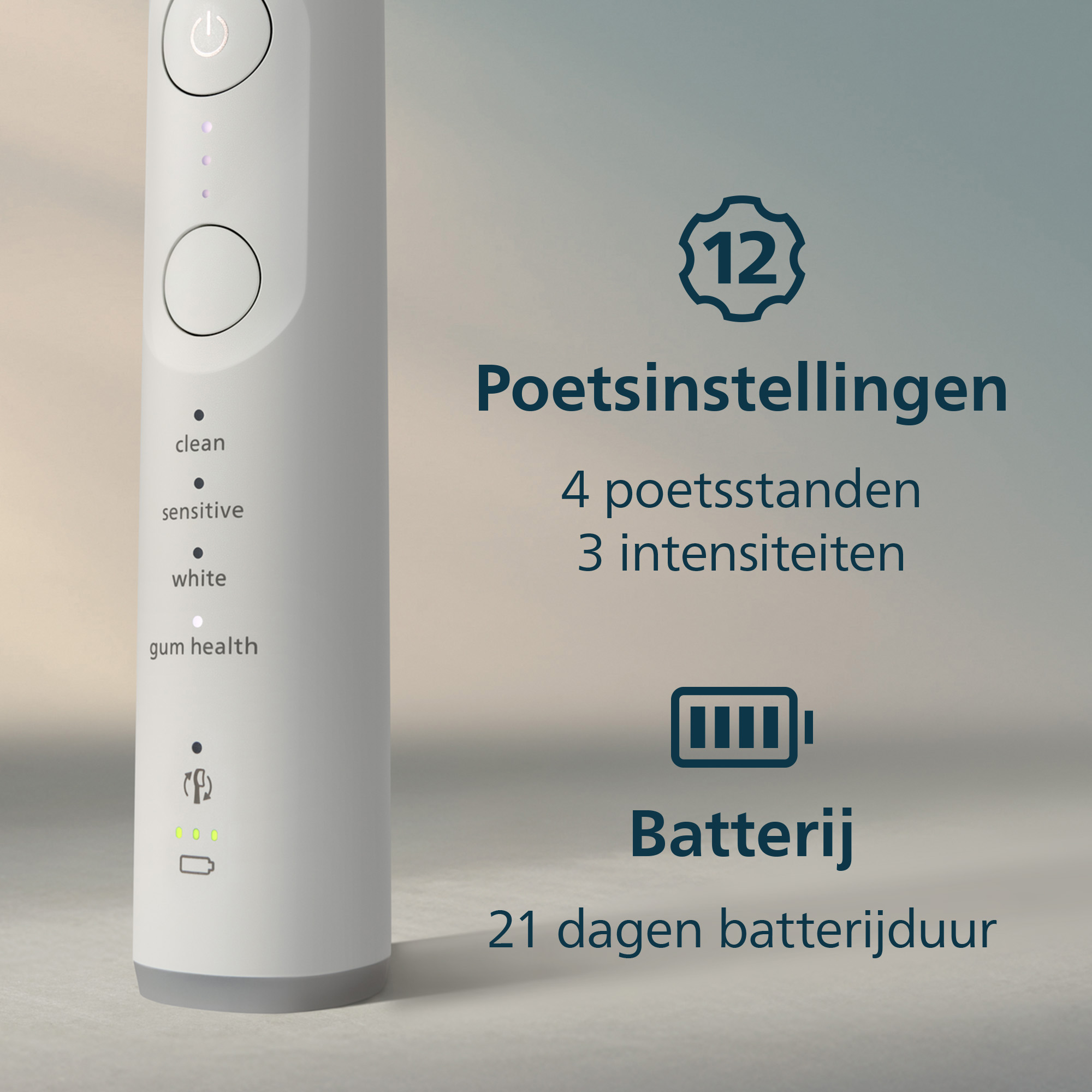 Electric toothbrush with cleaning modes and settings information. Features power button, cleaning mode indicators, and battery life details.