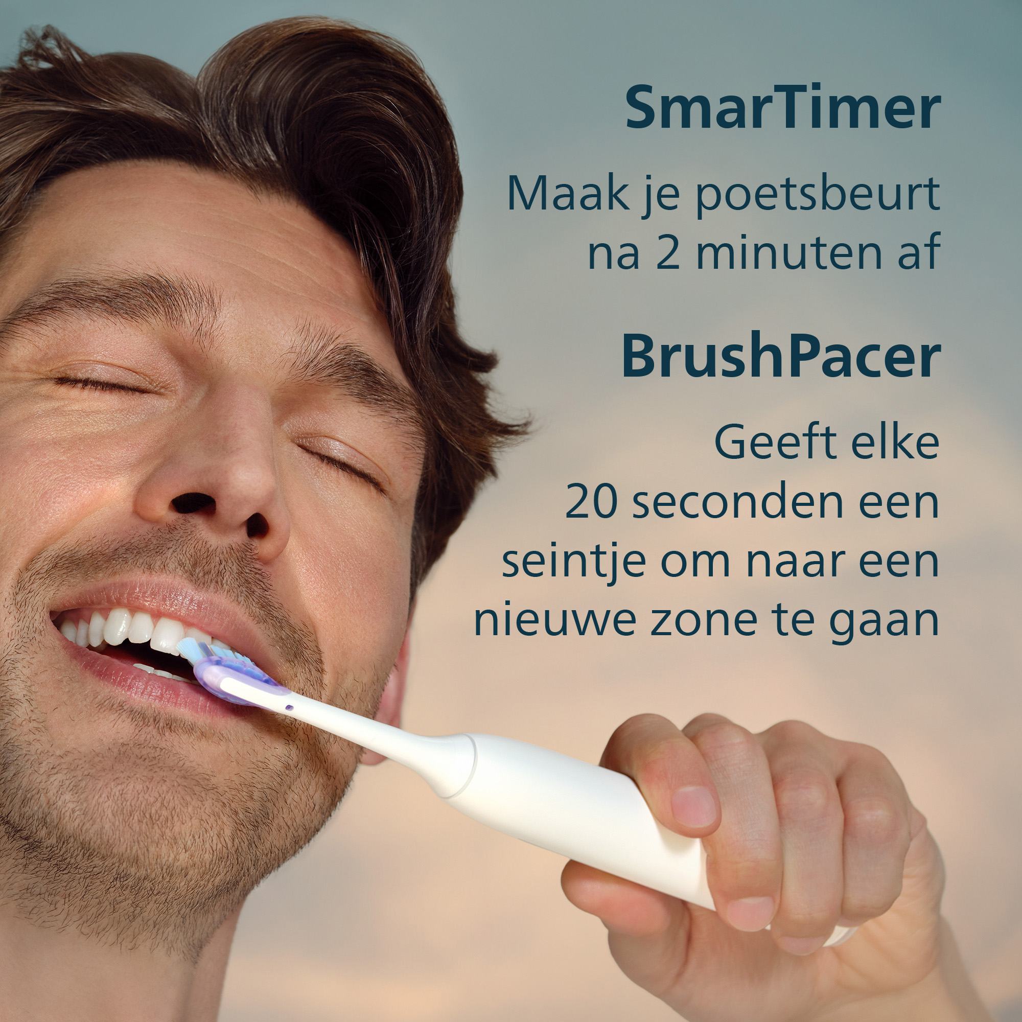 A man brushes his teeth with closed eyes, holding a white electric toothbrush. Text indicates timer and zone guidance.