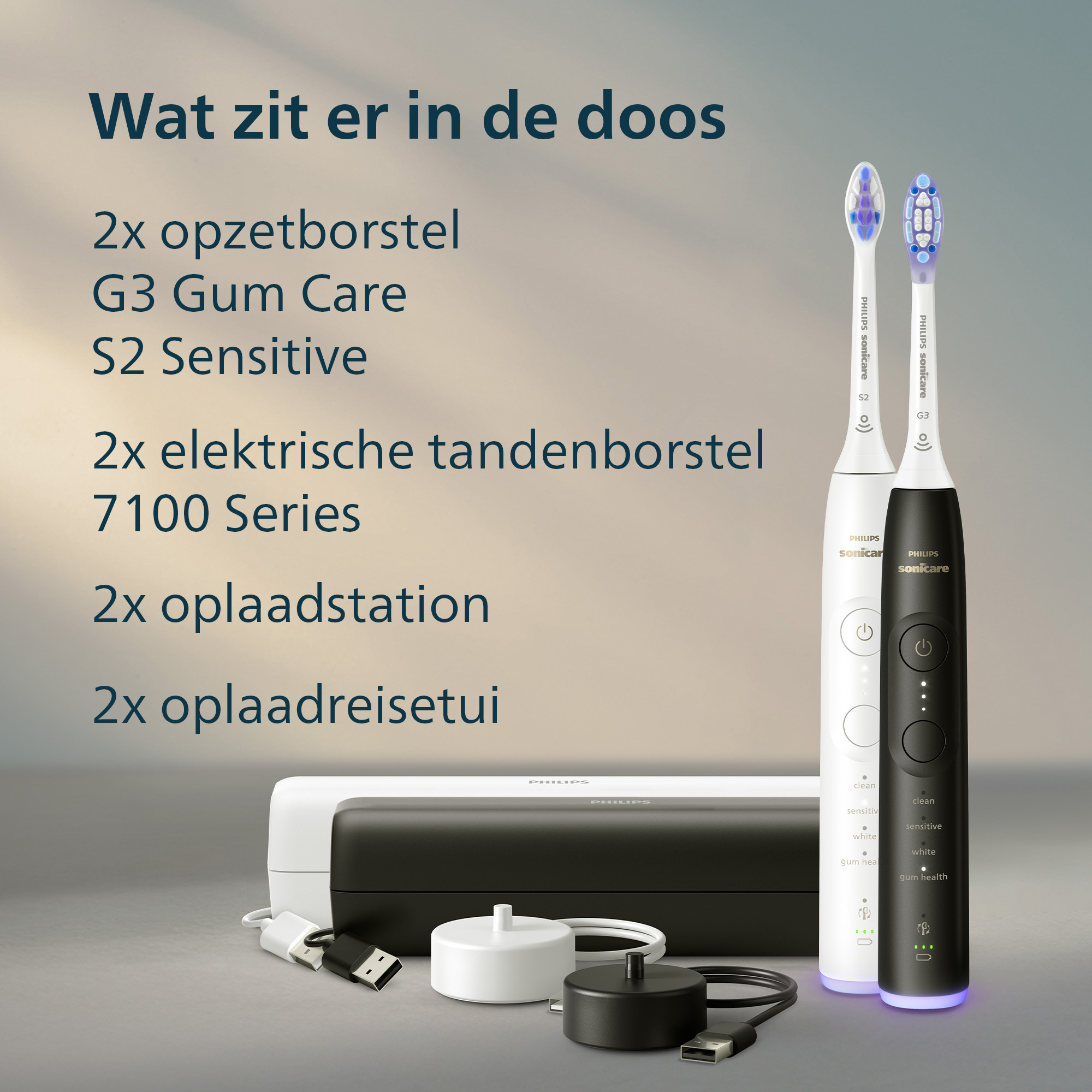 Image shows Philips Sonicare toothbrush set with two toothbrushes, chargers, and travel cases. Text lists included items.