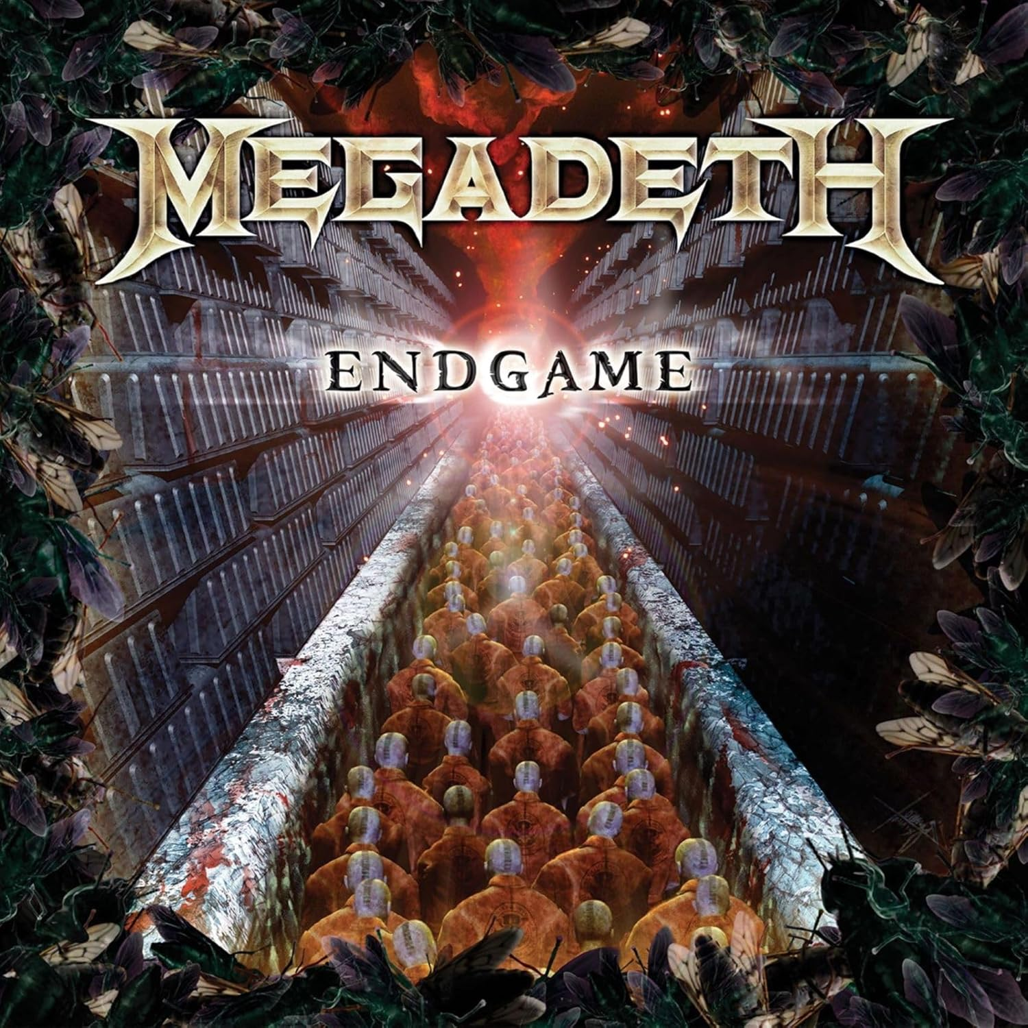 A Megadeth Endgame című albumának borítója. Narancssárga kezeslábasban lévő emberek ösvényét mutatja, amely a fényhez vezet, a zenekar logójával a tetején.