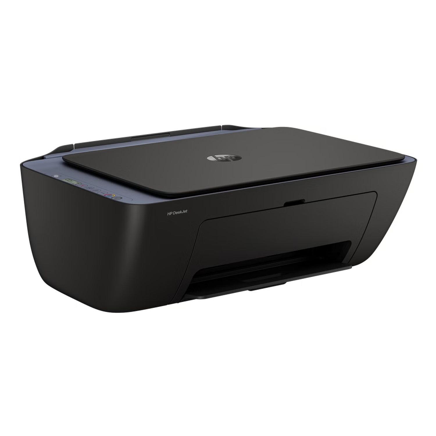 Una stampante HP DeskJet nera su sfondo bianco. Ha un piano piatto, un vassoio della carta in basso e il logo HP.