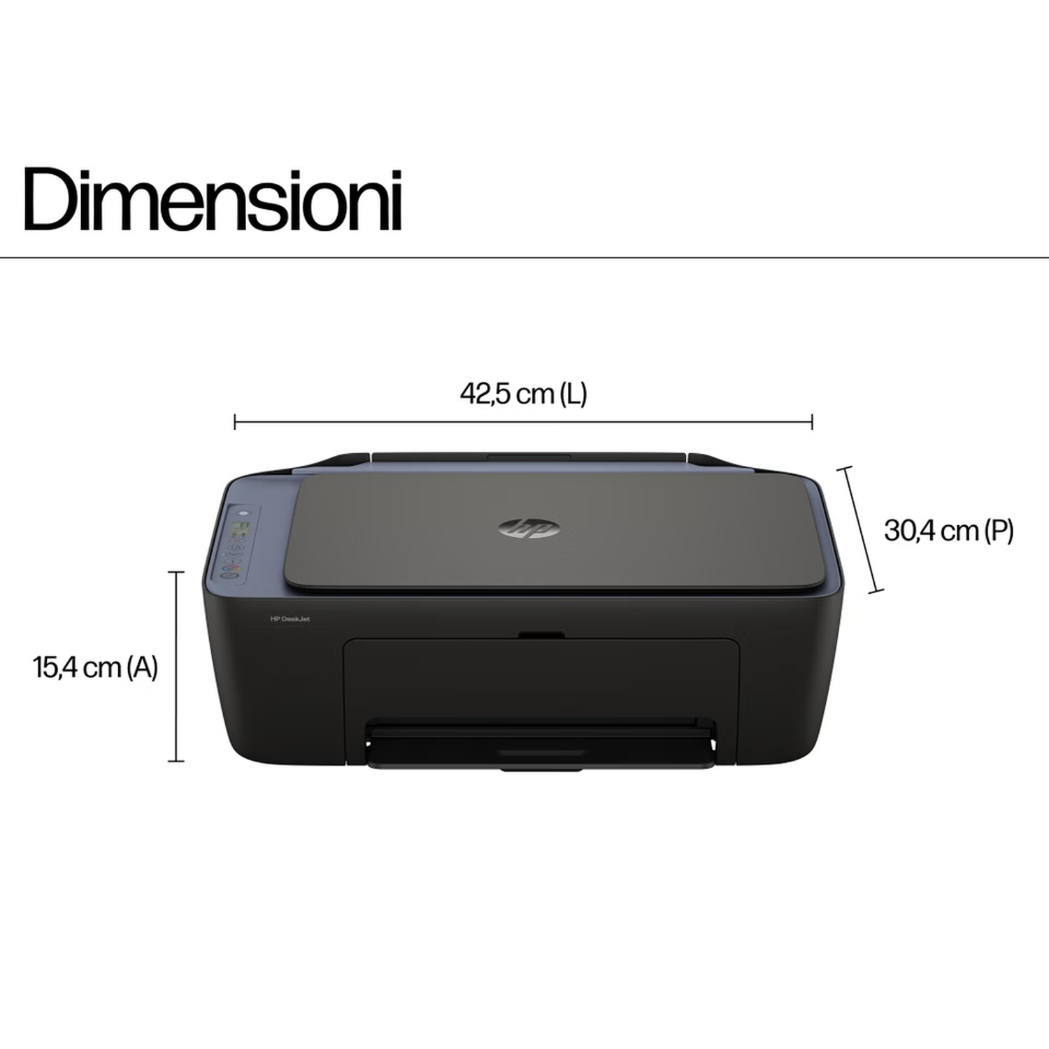 Stampante HP DeskJet nera con dimensioni: 42,5 cm (L), 30,4 cm (P), 15,4 cm (A). La parola 'Dimensioni' è sopra la stampante.