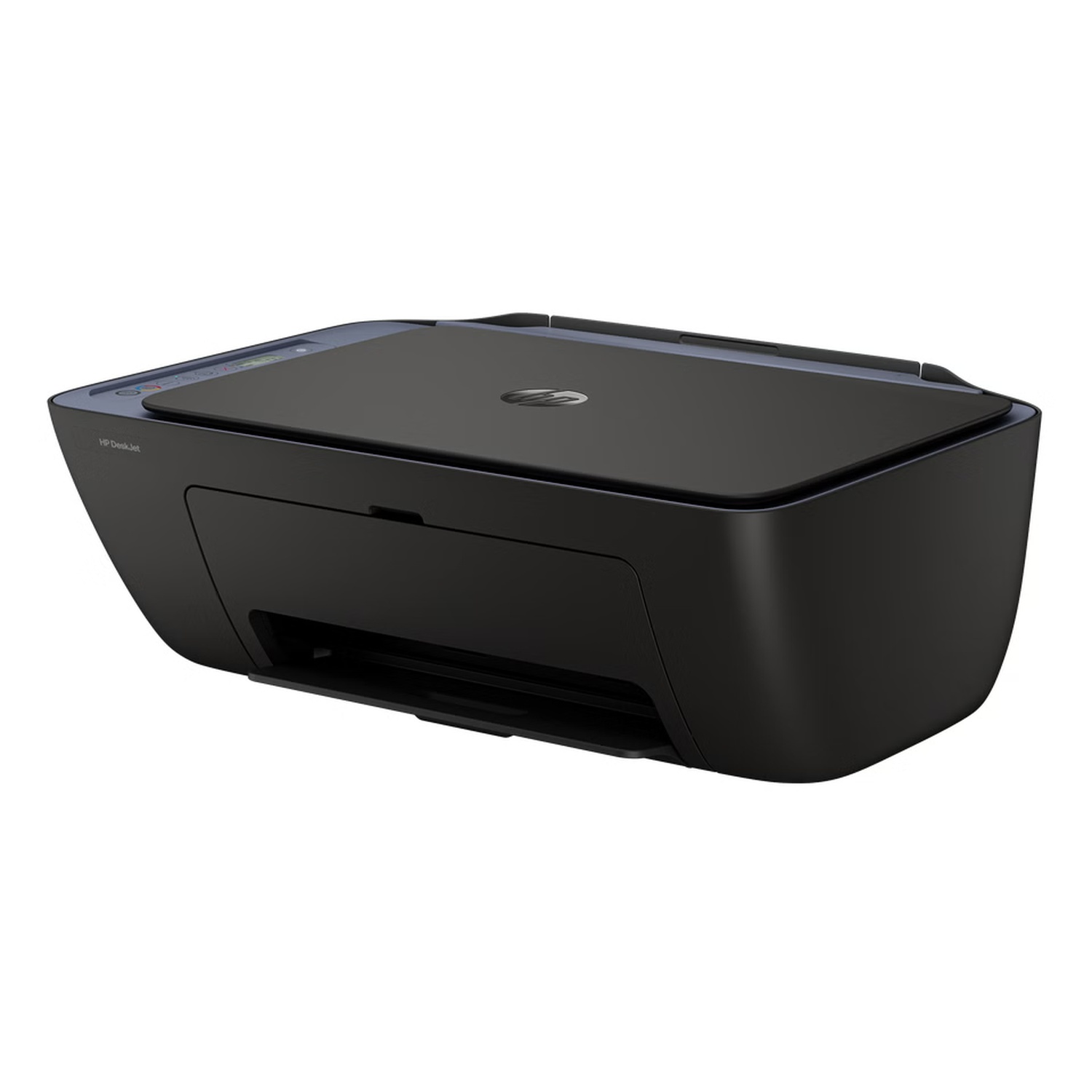 Una stampante HP DeskJet nera su sfondo bianco. Ha una parte superiore piatta, un vassoio per la carta e il logo HP.