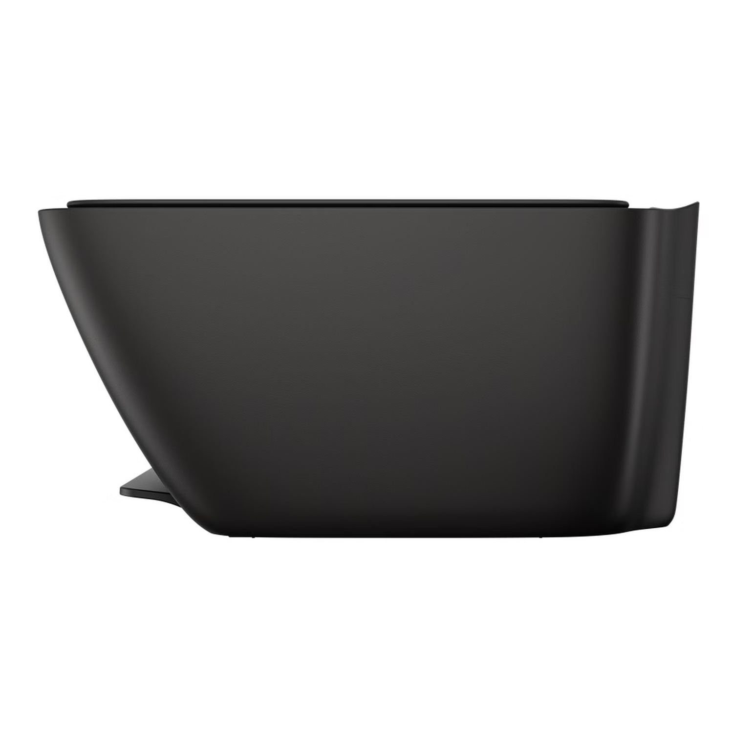 Vista laterale di una stampante nera. Ha un design curvo con la parte superiore piatta e una piccola base, su sfondo bianco.