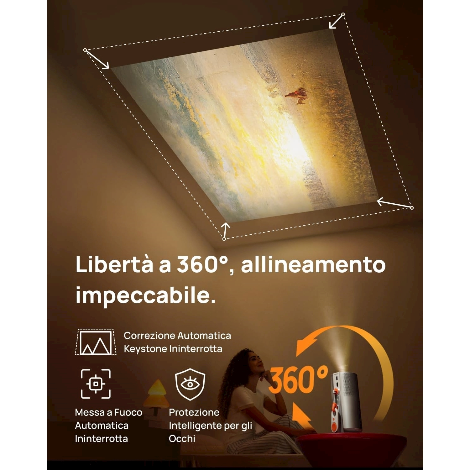 Una donna guarda un'immagine proiettata sul soffitto. Un proiettore è su un tavolo. Il testo include '360°' e 'correzione automatica'.