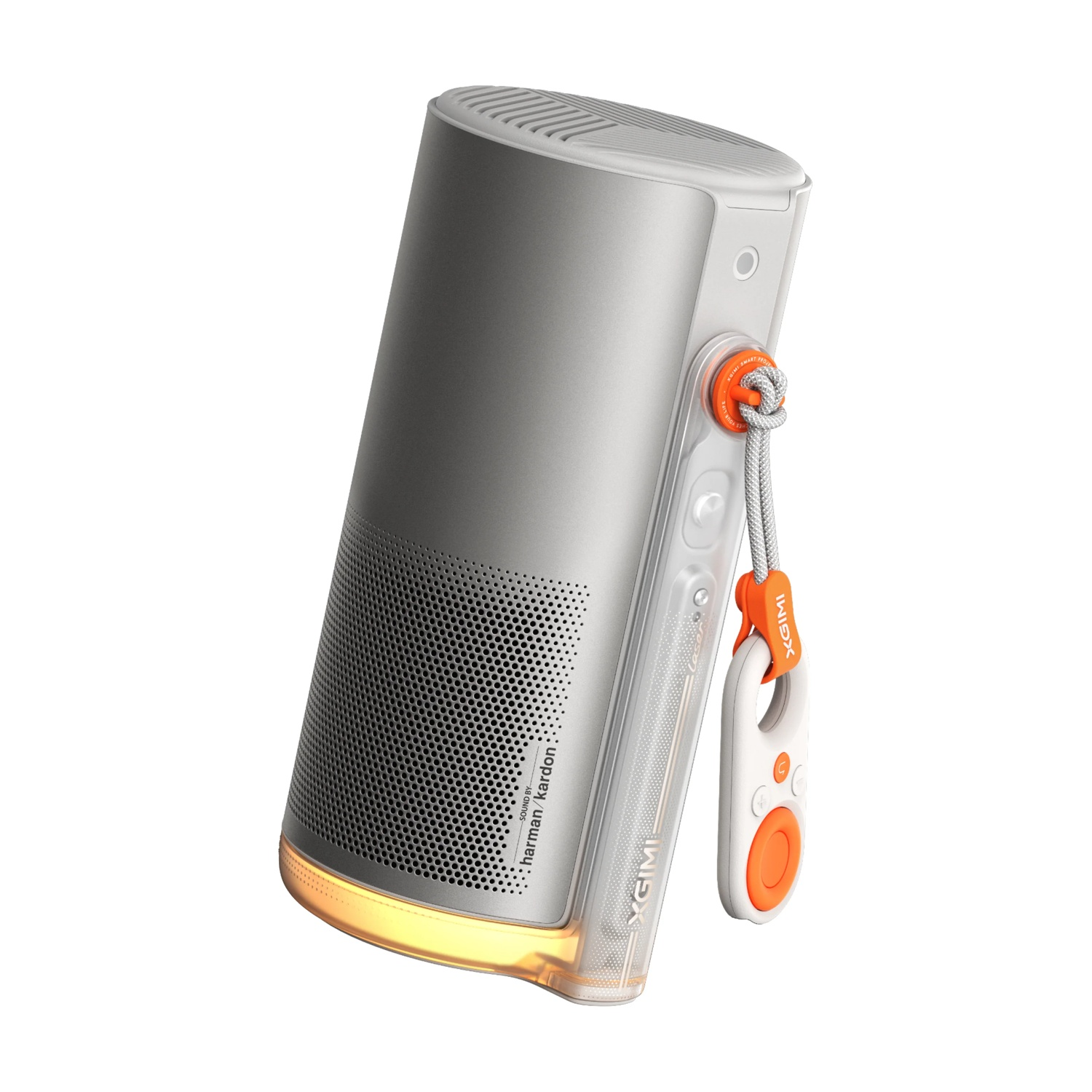 Un altoparlante grigio e bianco con telecomando e dettagli arancioni. Ha un logo Harman Kardon e una luce nella parte inferiore.