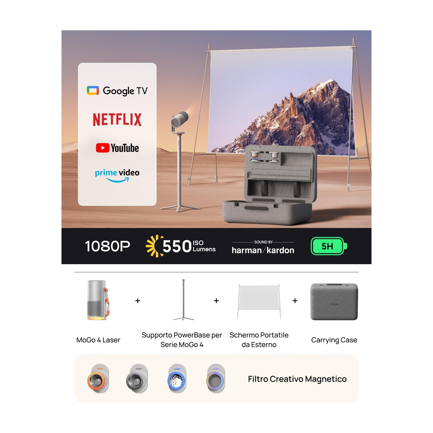 Un'impostazione del proiettore con uno schermo che mostra un'immagine di montagna. Include i loghi di Google TV, Netflix, YouTube. Vengono mostrati accessori.