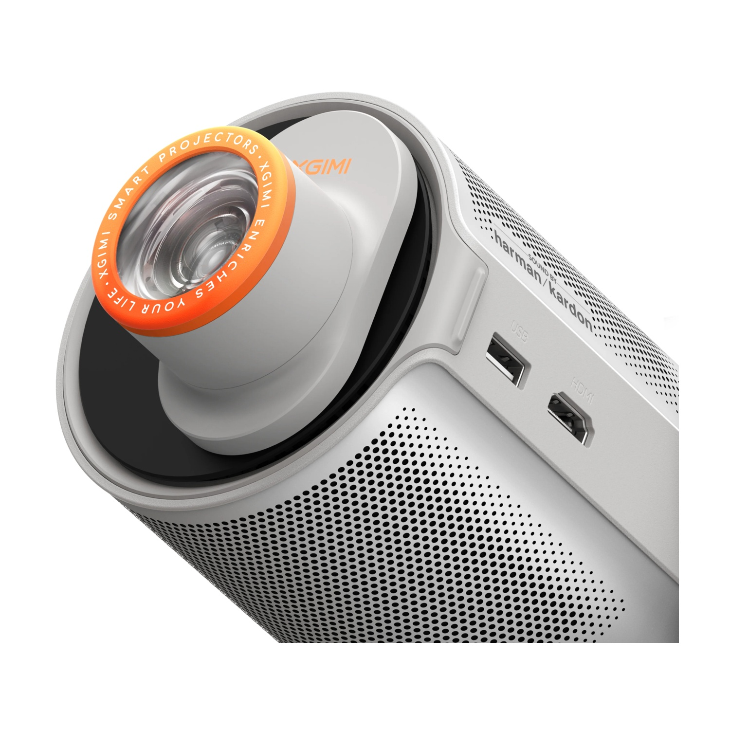 Un proiettore XGIMI bianco e grigio con un anello arancione attorno all'obiettivo. C'è scritto "XGIMI SMART PROJECTORS".