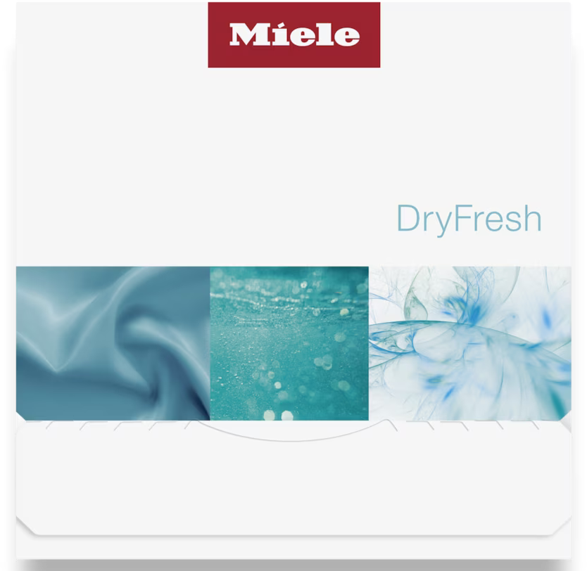 Miele-Logo. Text 'DryFresh'. Drei blau getönte Bilder: Stoff, Wasserblasen und abstrakte Linien. Weißer Hintergrund.