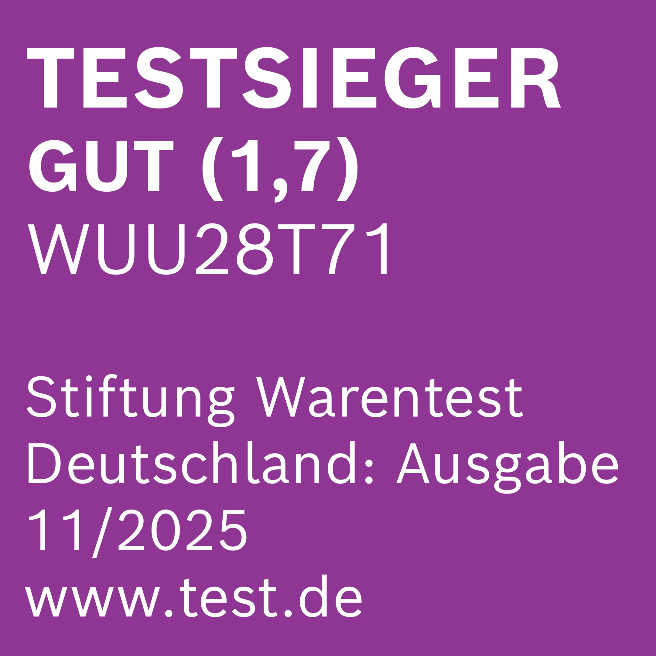 Bild mit Text: Testsieger Gut (1,7), WUU28T71, Stiftung Warentest, Deutschland: Ausgabe 11/2025, www.test.de auf lila Hintergrund.
