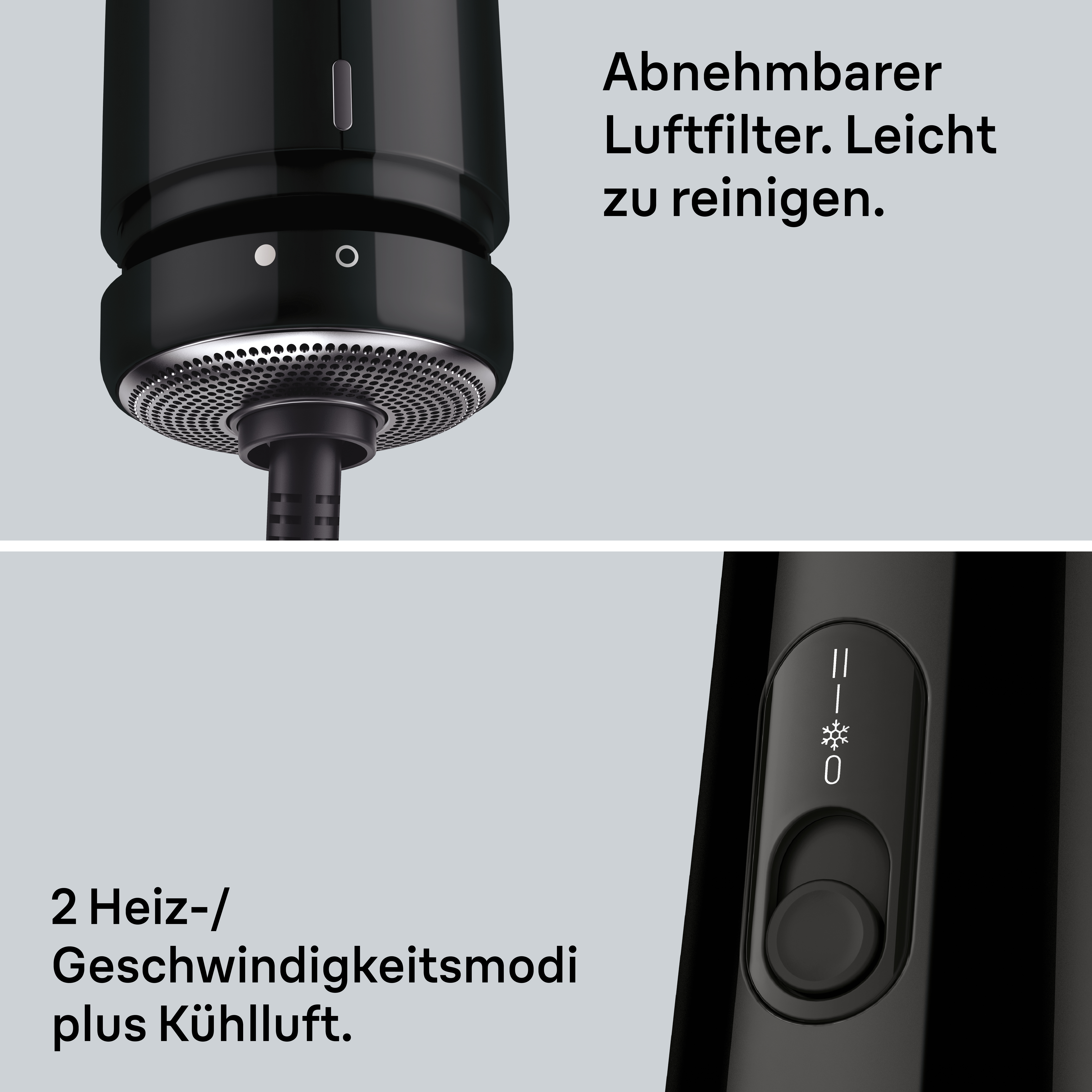 Schwarzer Haartrockner mit Text: abnehmbarer Filter, leicht zu reinigen, 2 Heiz-/Geschwindigkeitsmodi.