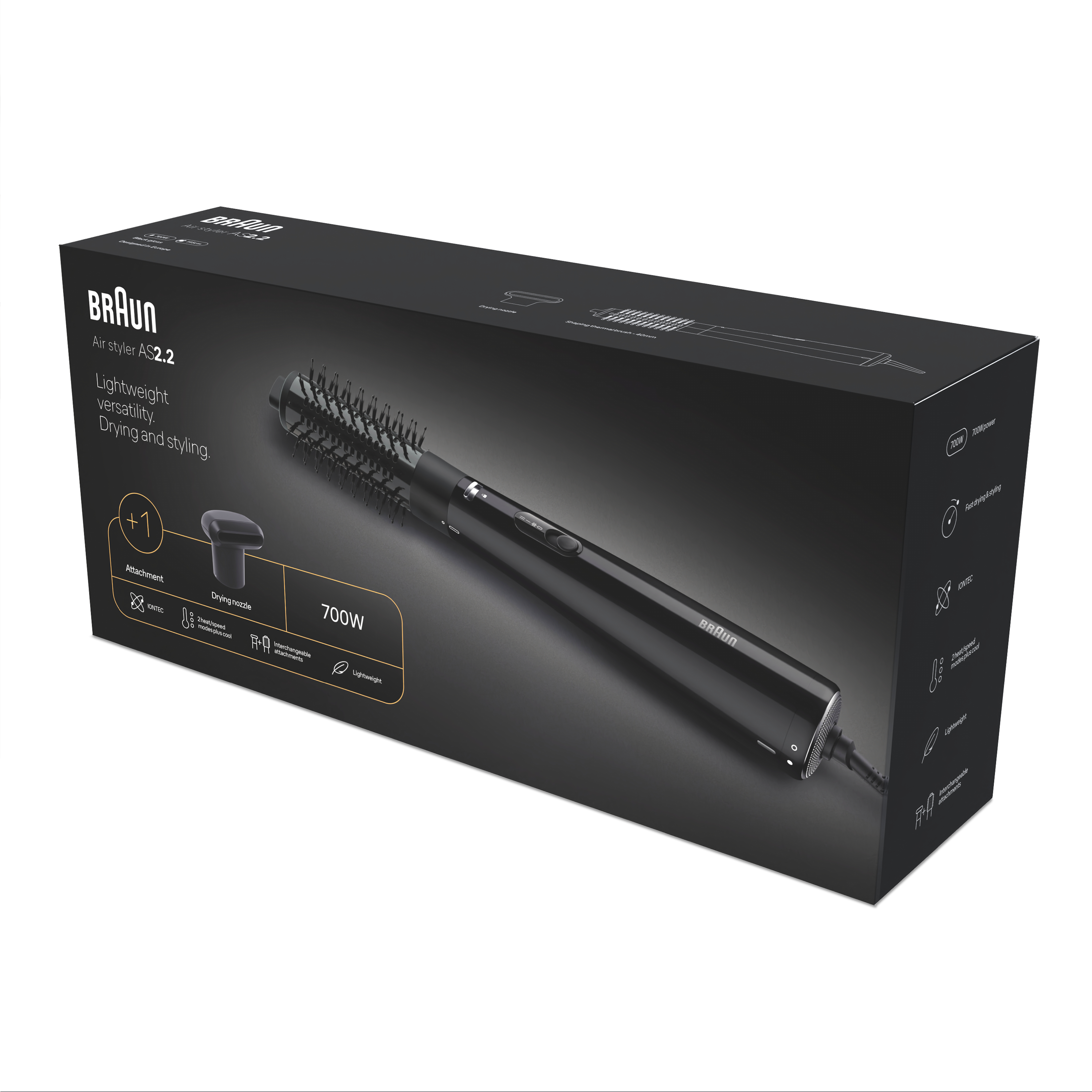 Eine schwarze Braun-Haarstyler-Box mit Produktdetails. Der Styler ist schwarz. Die Box steht auf weißem Hintergrund.