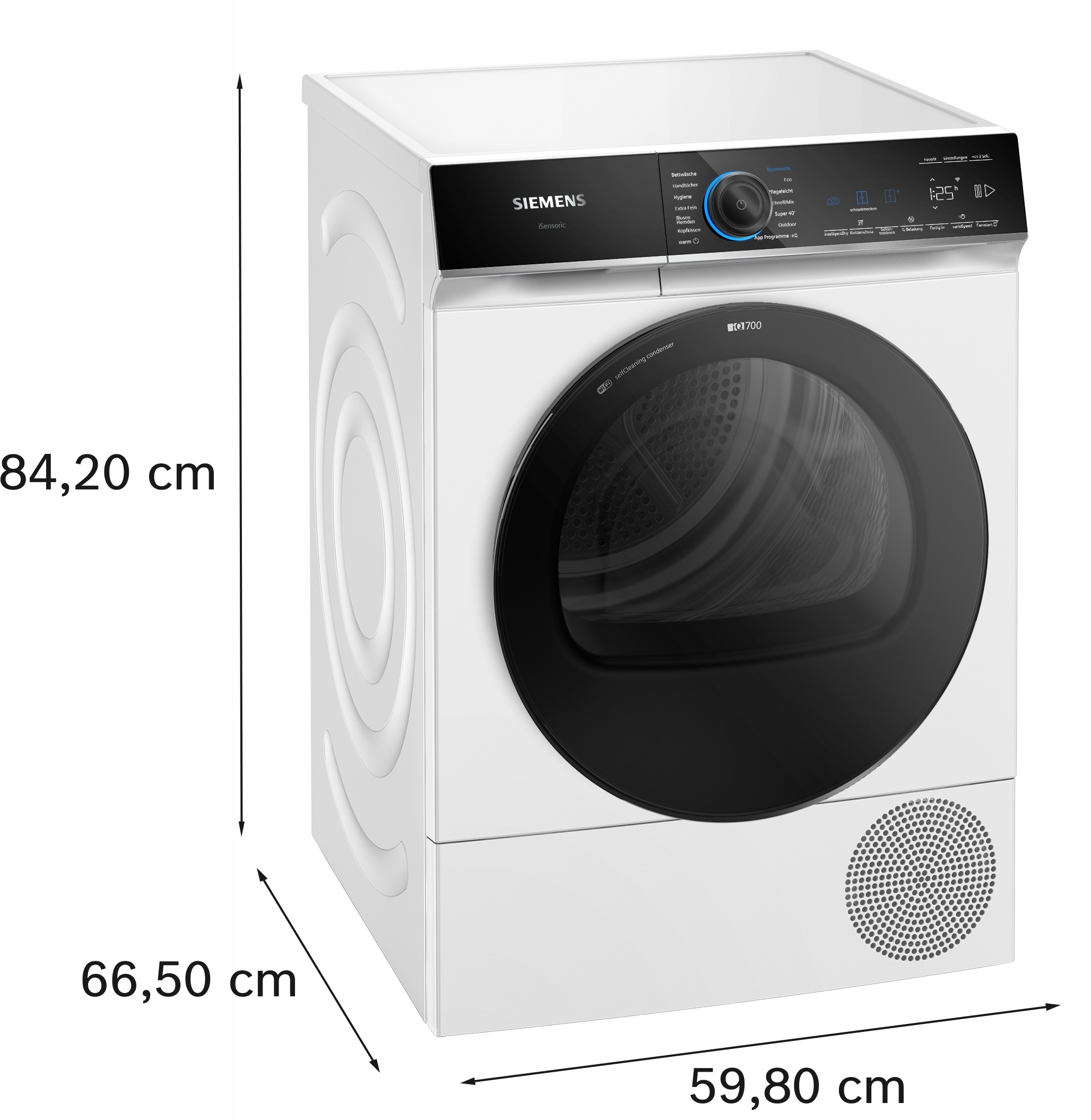 Weißer Siemens-Trockner mit schwarzer Tür und Bedienfeld. Abmessungen sind angegeben. iQ700 Modell.