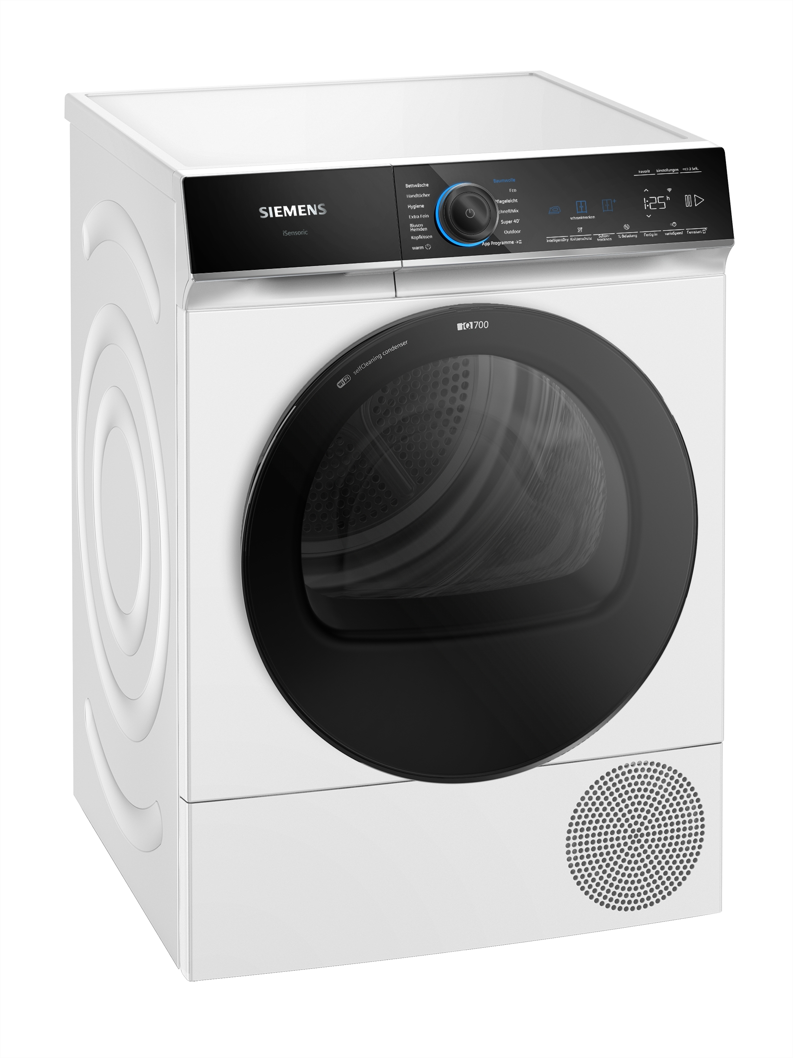 Ein weißer Siemens-Trockner mit schwarzer Tür und Bedienfeld. Die Tür ist rund, das Feld hat Knöpfe und ein Display.