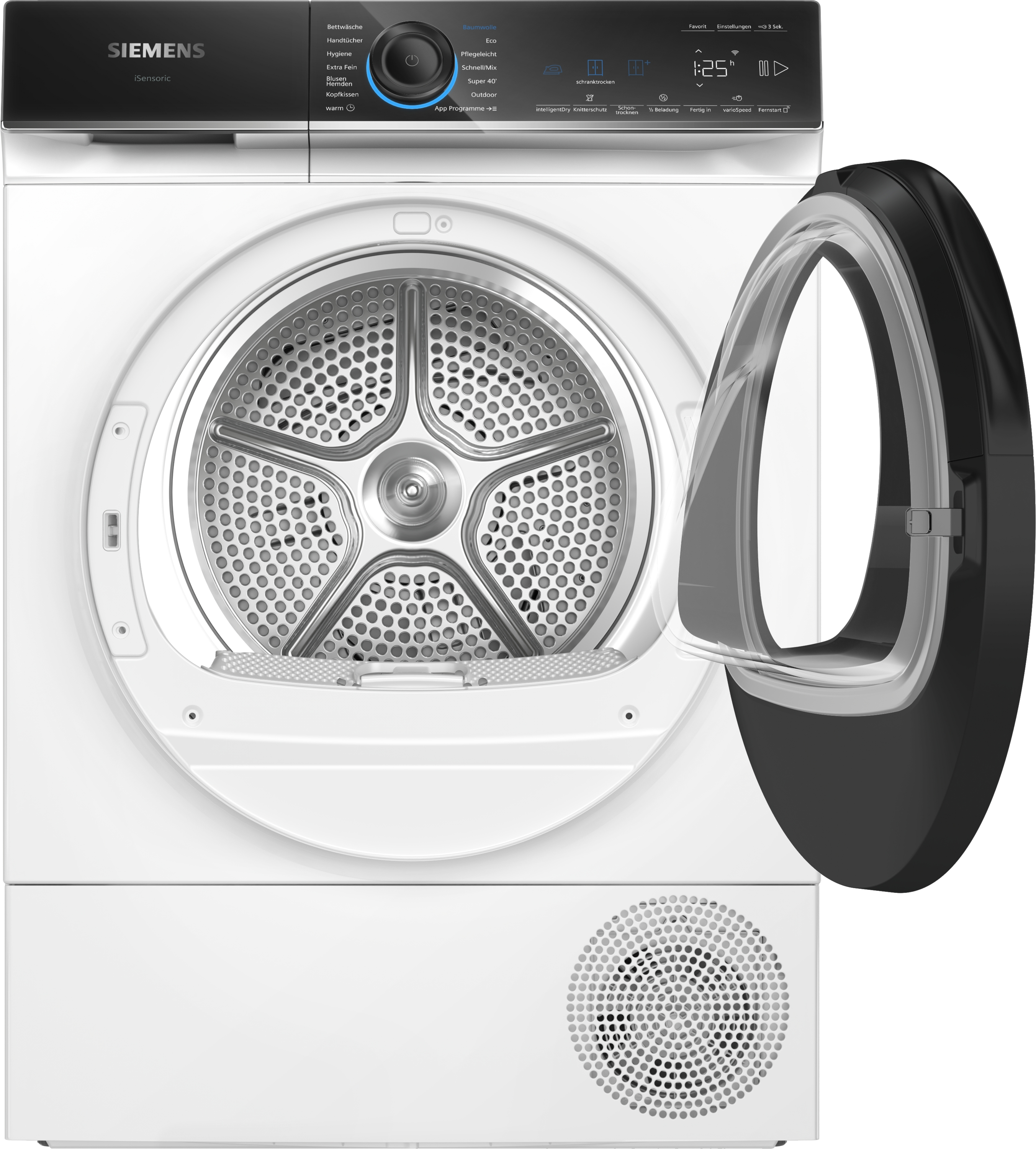 Ein weißer Siemens-Trockner mit offener schwarzer Tür. Die Trommel ist sichtbar. Knöpfe und Display oben.