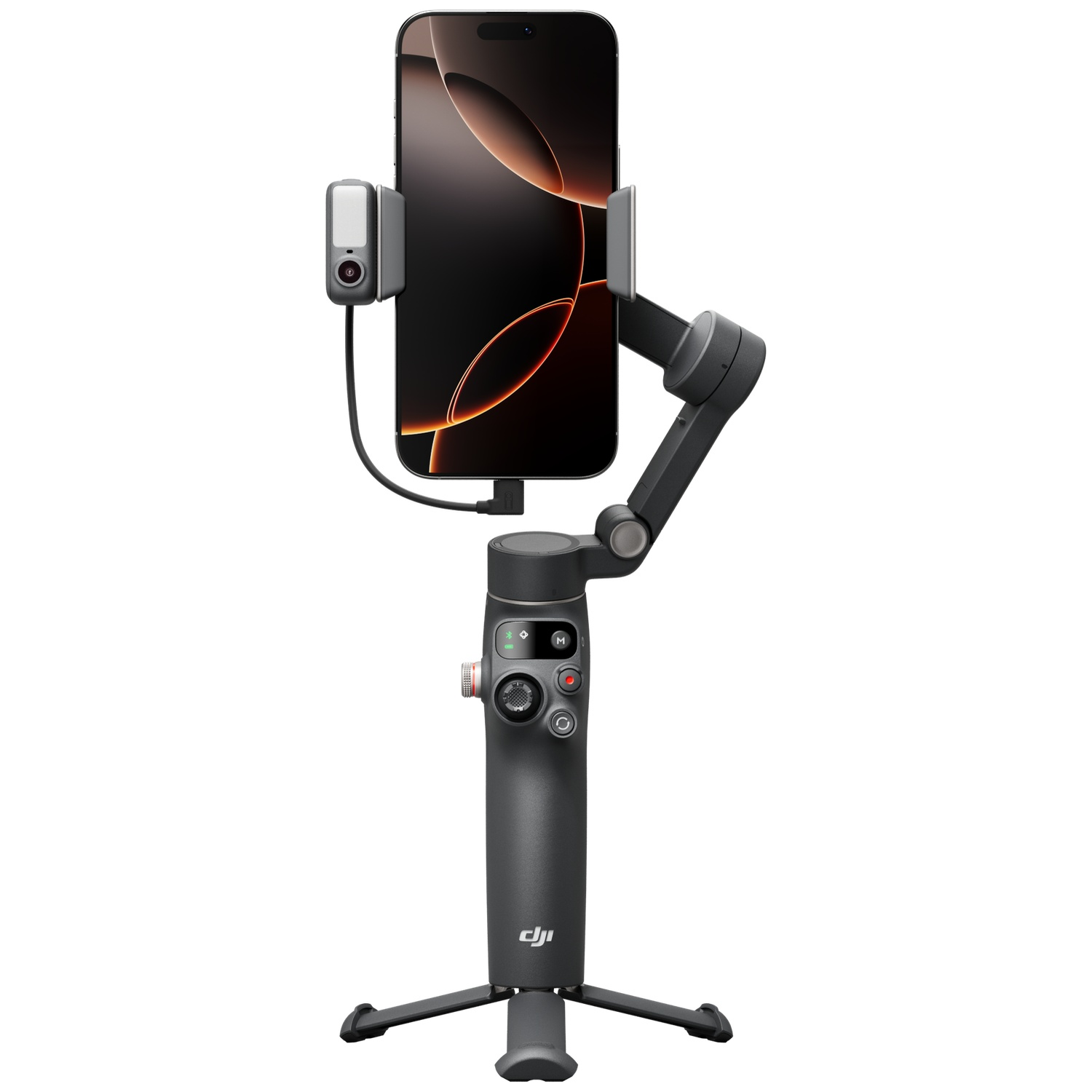 Een zwarte smartphone is gemonteerd op een grijze stabilisator. De telefoon toont een abstracte oranje en zwarte afbeelding. De stabilisator heeft een statiefvoet.
