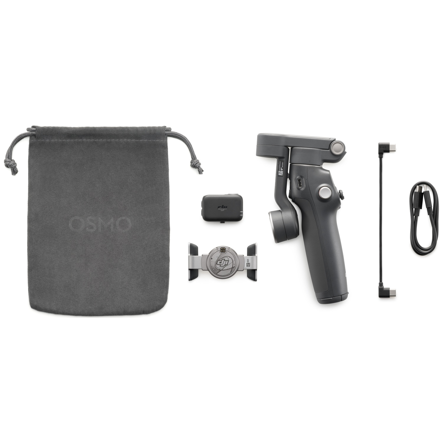 Een grijze Osmo draagtas, stabilisator, kabels en accessoires zijn gerangschikt op een wit oppervlak.