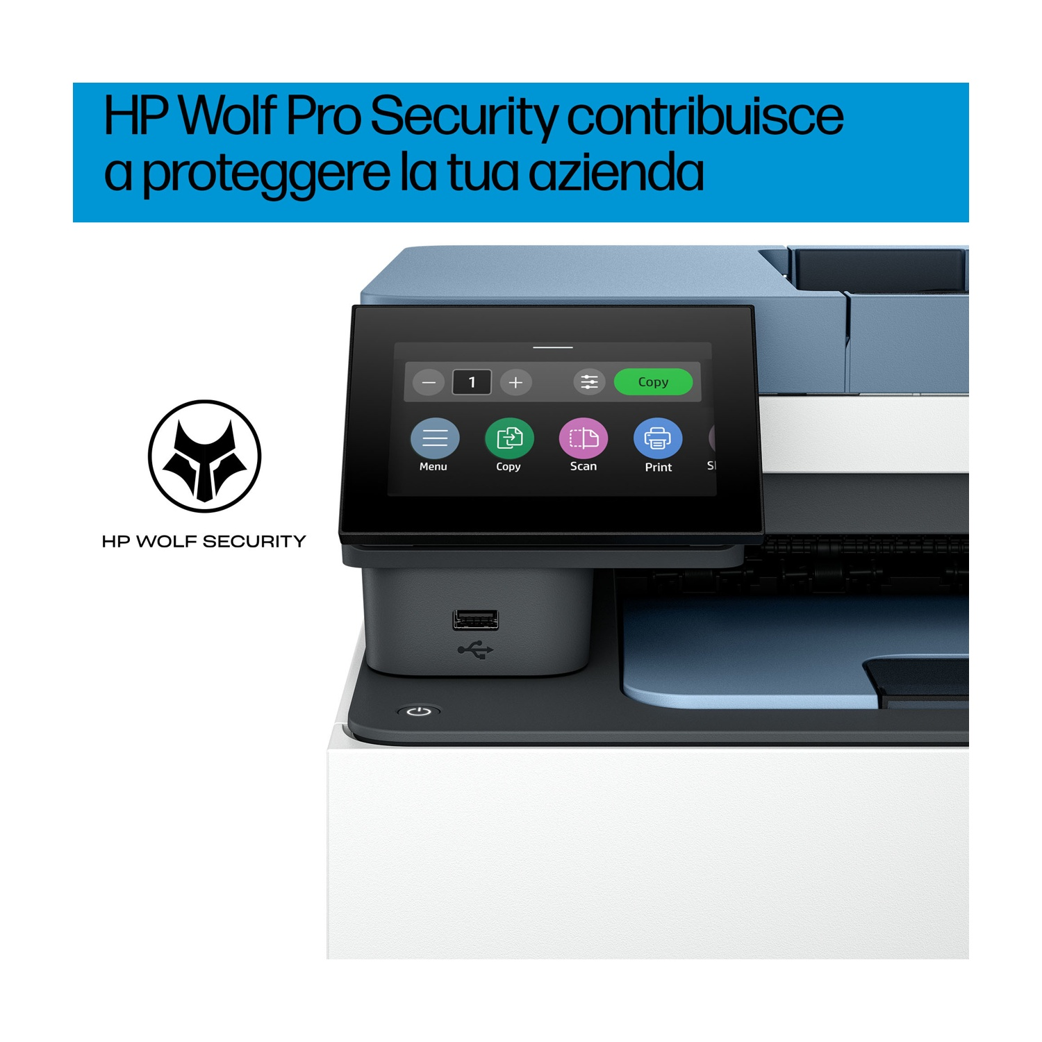Una stampante HP con uno schermo che mostra le opzioni del menu. Il testo sullo schermo dice 'Copia', 'Scansione' e 'Stampa'. Il logo HP Wolf Security è presente.