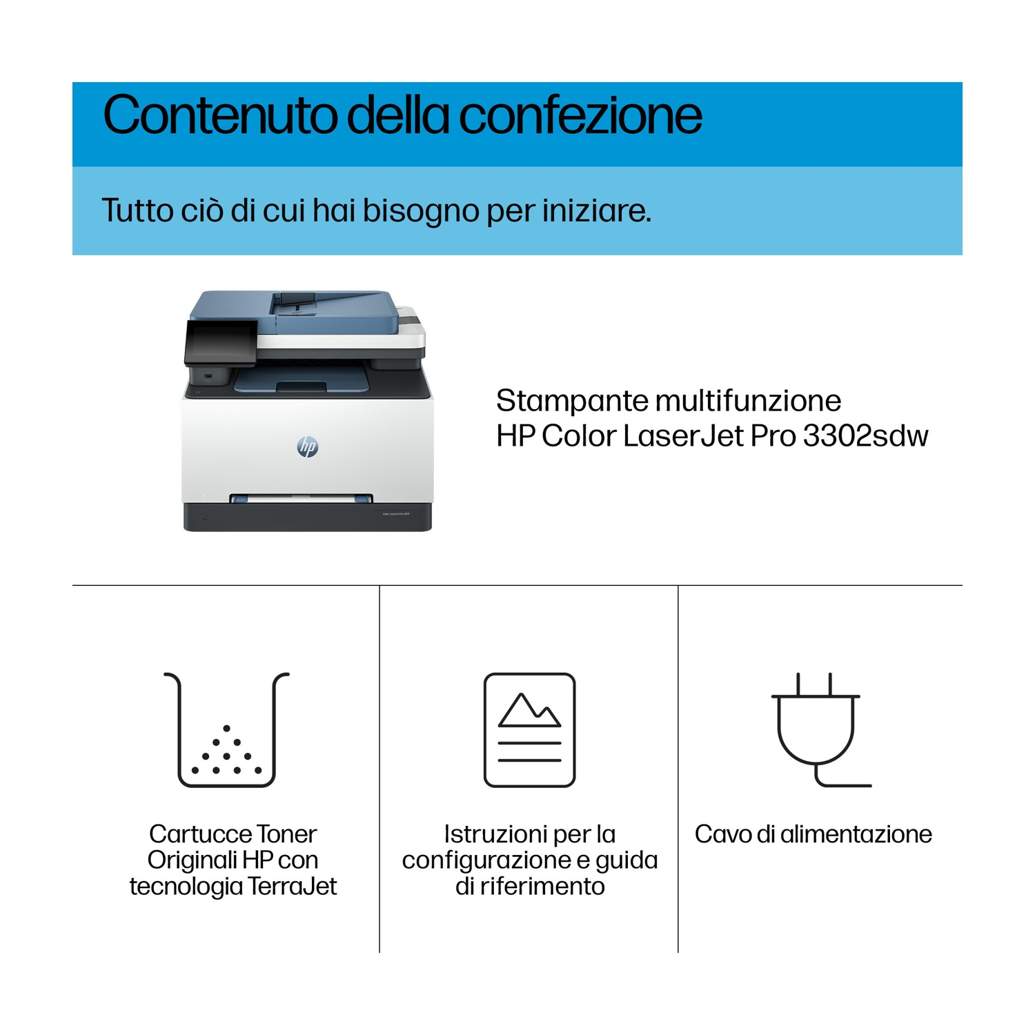 L'immagine mostra stampante, cartucce toner, istruzioni di configurazione e cavo di alimentazione. Il testo dice 'Contenuto della confezione' e modello stampante.