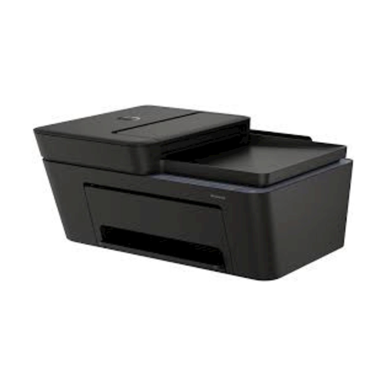 Una stampante HP nera su sfondo bianco. La stampante ha uno scanner e un vassoio carta.