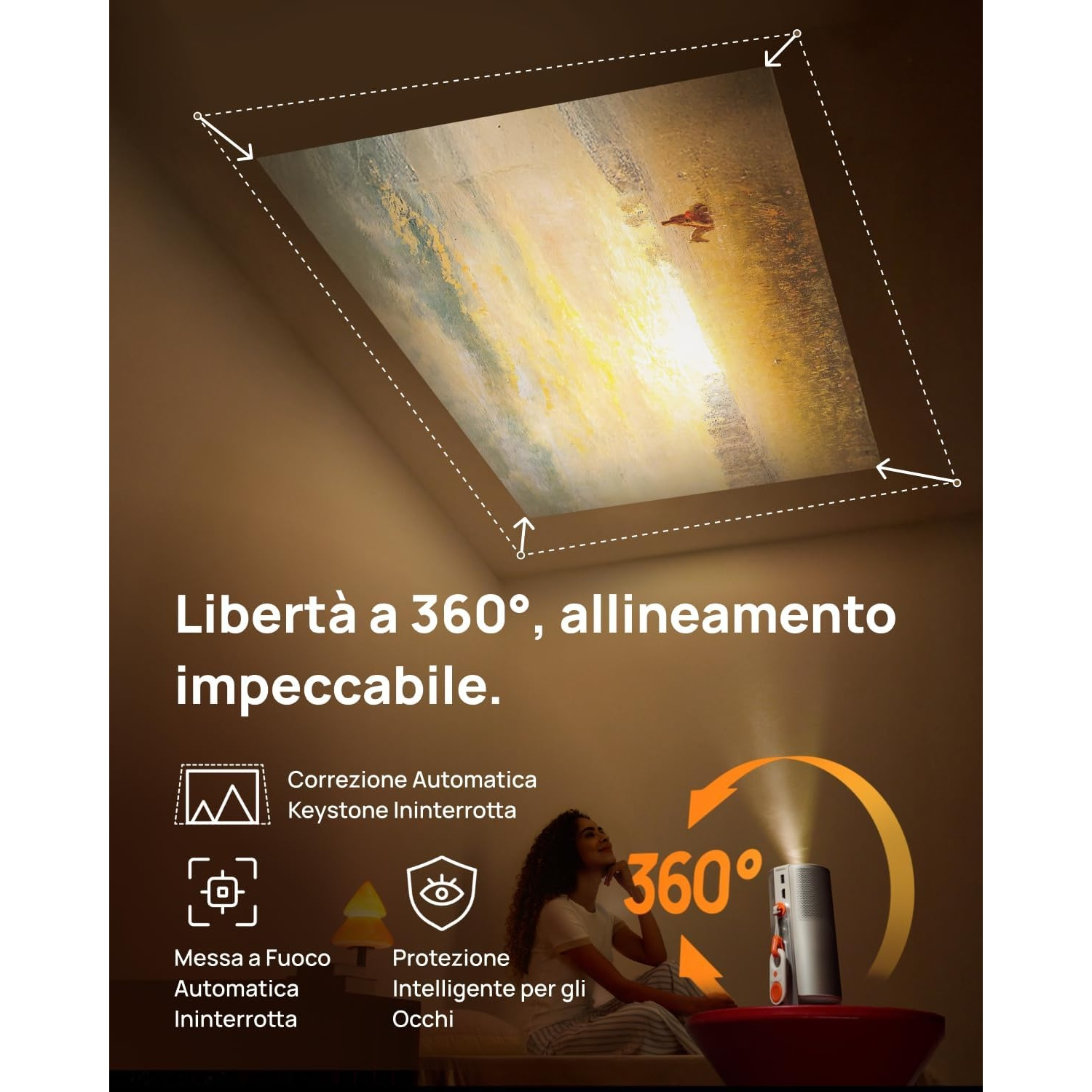Una donna guarda un'immagine proiettata sul soffitto. Il testo recita: 'Libertà a 360°, allineamento perfetto'. Un proiettore è su un tavolo.