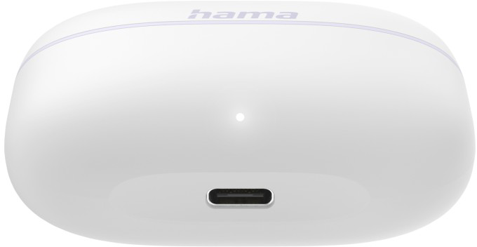 Egy fehér Hama töltőtok USB-C porttal alul. Felül a márkanév található. A tok ovális alakú.