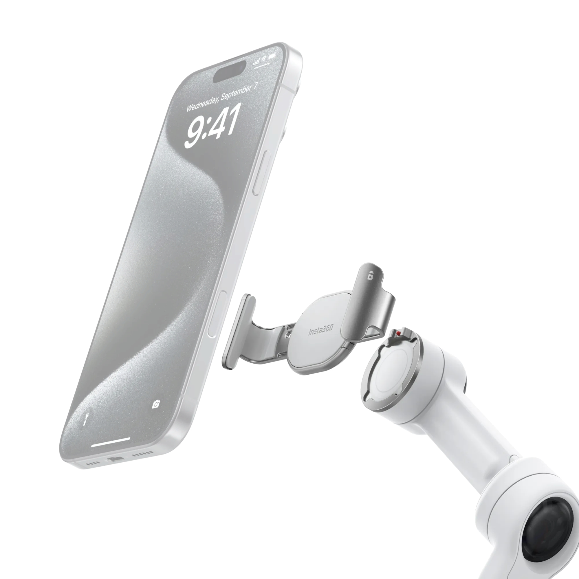 Ein iPhone mit einer Handyhalterung und ein weißes Insta360-Gerät, vor weißem Hintergrund.