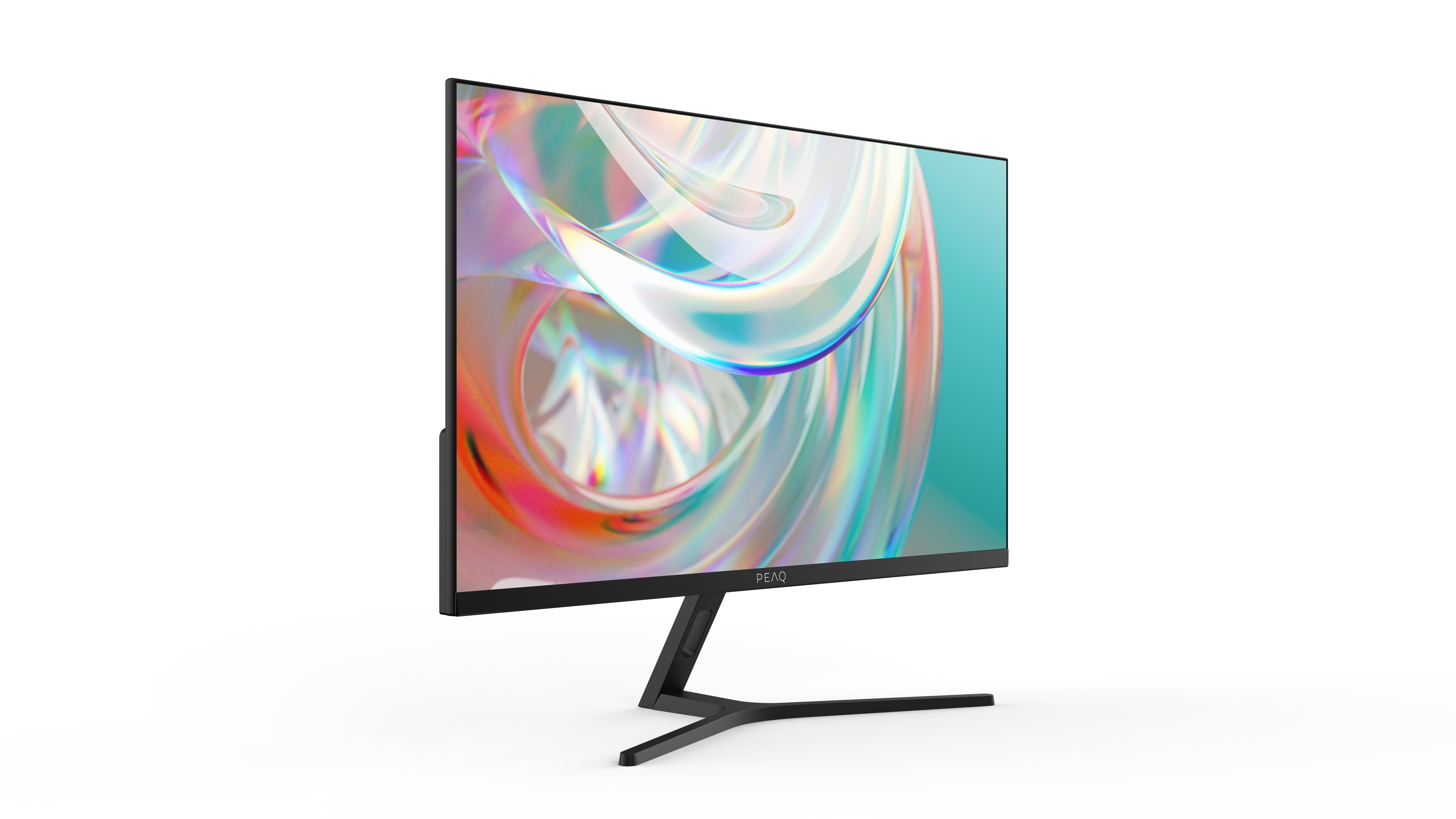 Un monitor de computadora negro con una pantalla abstracta colorida. Se apoya en un soporte negro sobre un fondo blanco.