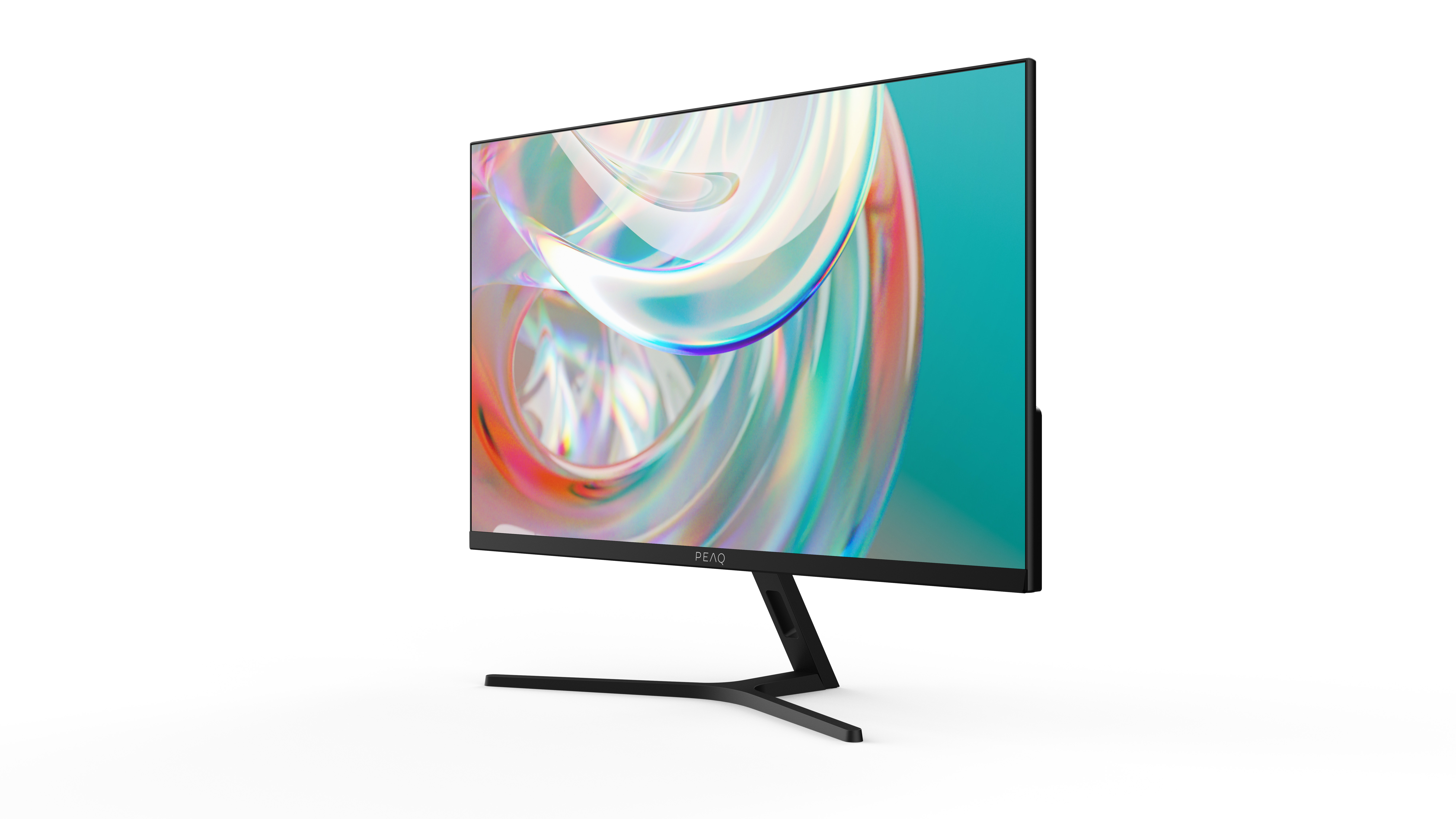 Un monitor de computadora negro con una pantalla colorida, sobre una superficie blanca. El monitor tiene un soporte negro.