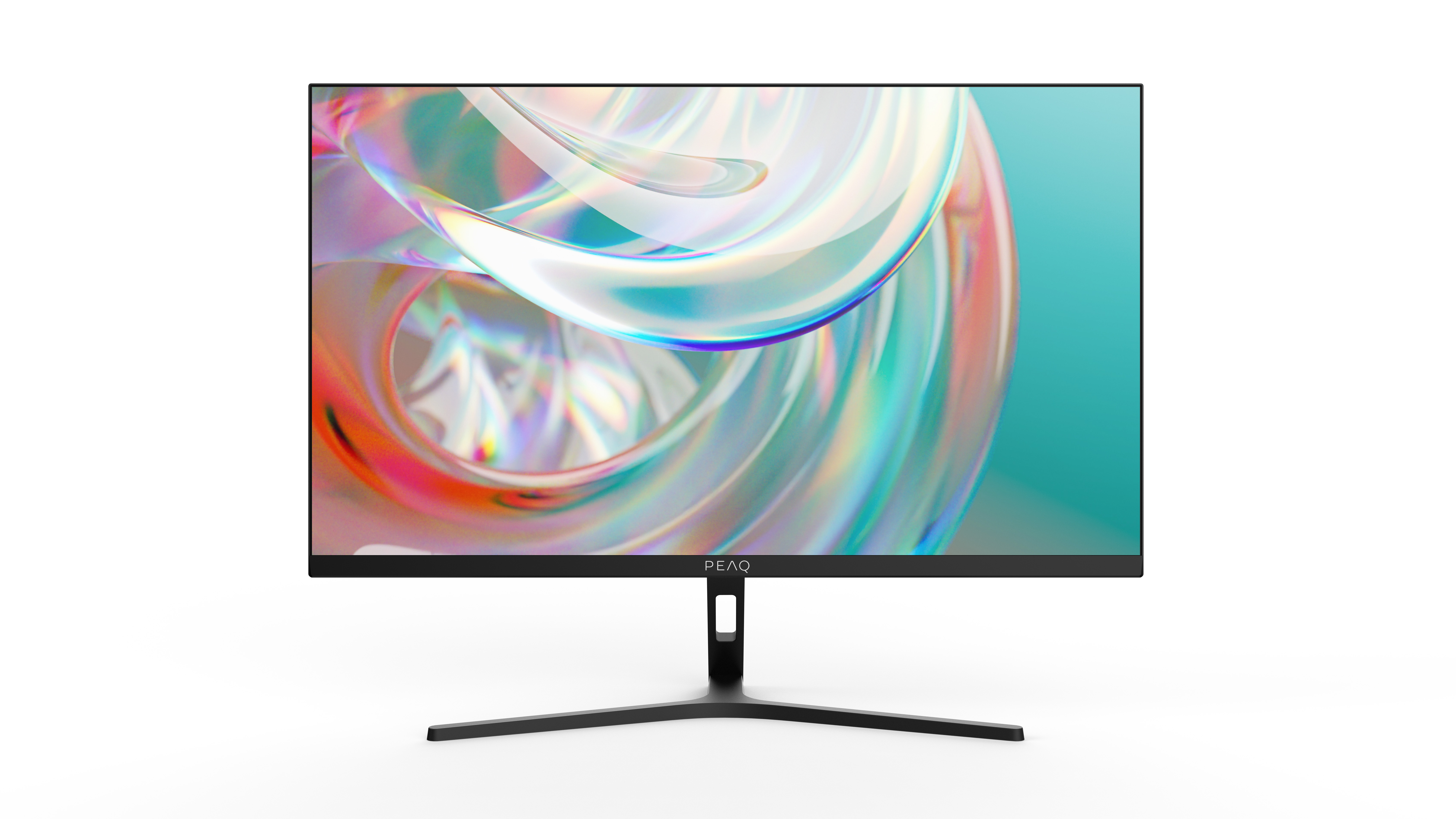 Un monitor de computadora negro muestra un patrón abstracto y colorido. El monitor está sobre un fondo blanco.