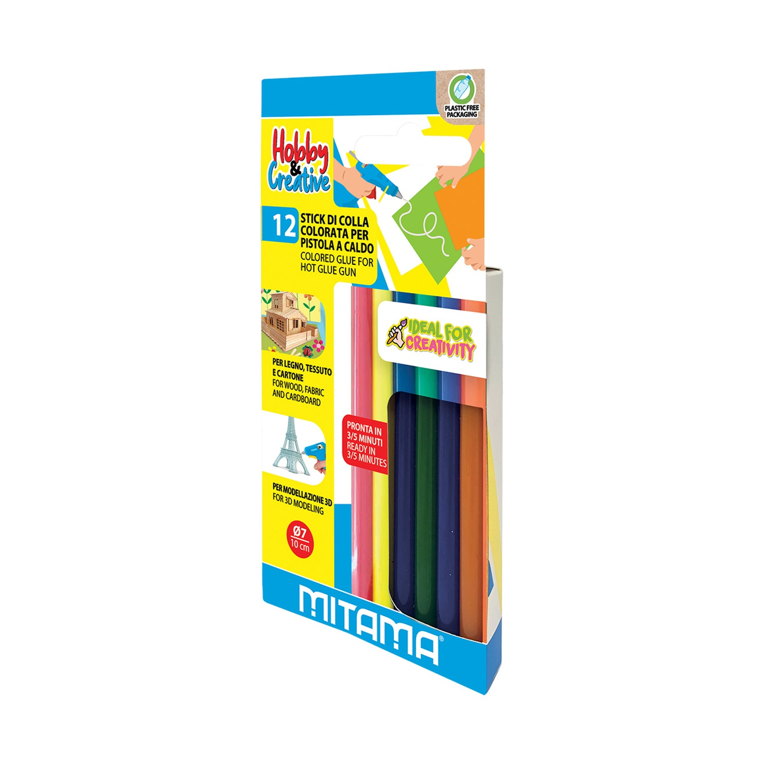 Una scatola di stick di colla colorati per pistole a caldo. La confezione è blu e bianca con immagini di artigianato e testo in più lingue.