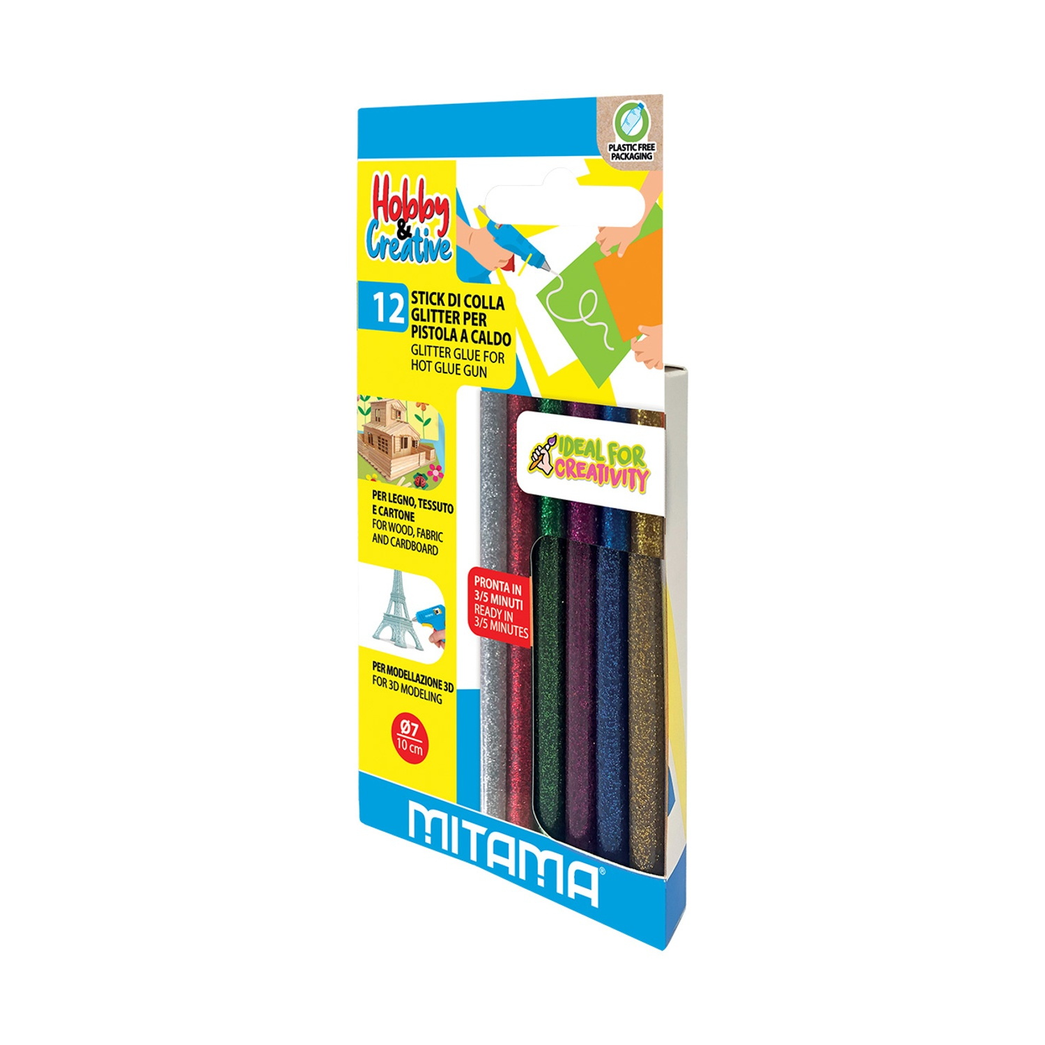 Una scatola di stick di colla glitterata in vari colori. La confezione mostra progetti creativi e testo in più lingue.