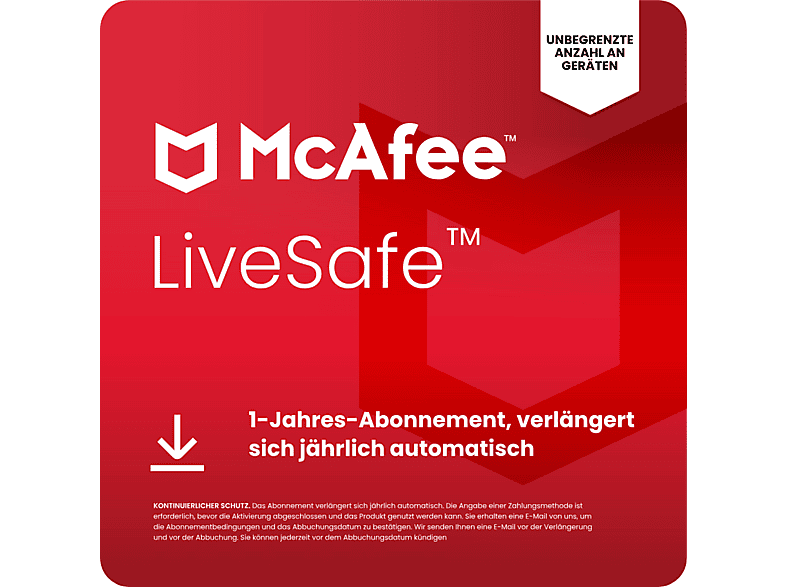 McAfee LiveSafe Unlimited Geräte 1 Jahr mit einer automatischen Verlängerung für Windows, macOS, Android, iOS, ChromeOS [Download Code]; Electronic Software Download