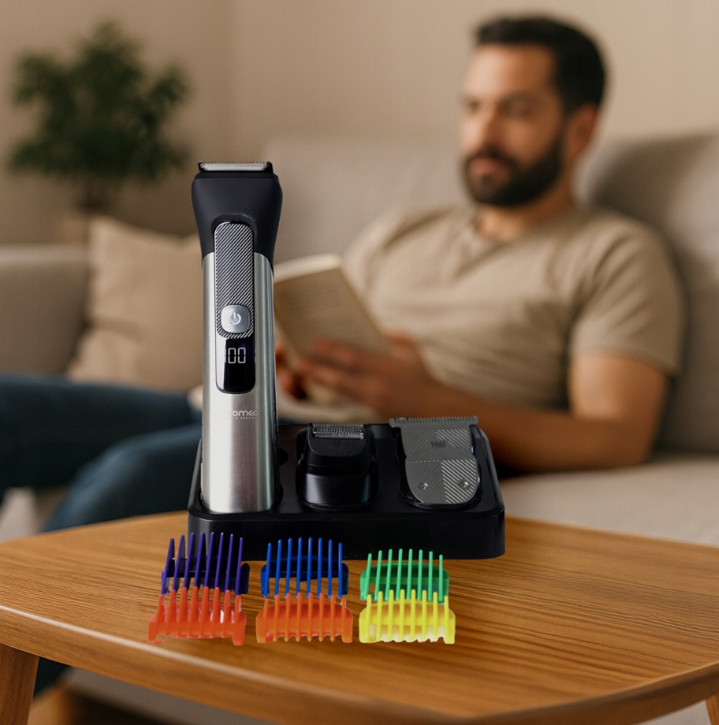 Zestaw do pielęgnacji z trymerem i nasadkami stoi na stole. Mężczyzna czyta na kanapie w tle.