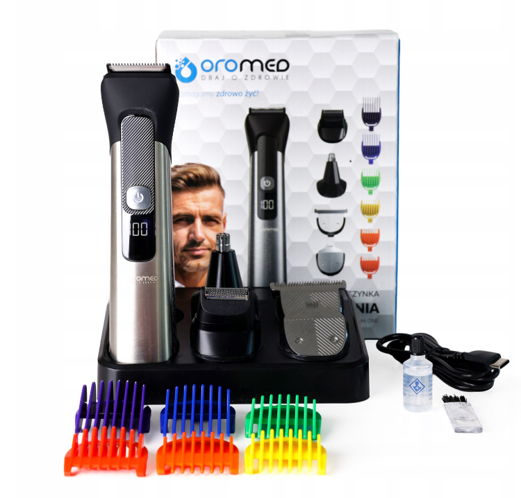 Zestaw do strzyżenia włosów z wieloma nasadkami i kolorowymi grzebieniami. Twarz mężczyzny jest na pudełku. Akcesoria i ładowarka w zestawie.