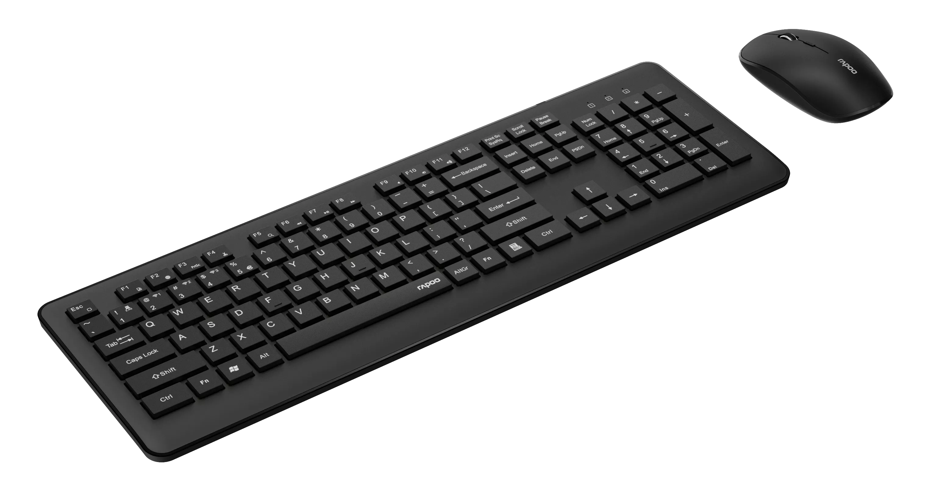 Czarny zestaw klawiatury i myszy. Klawiatura ma klawisze, mysz ma logo Rapoo. Czarne tło.