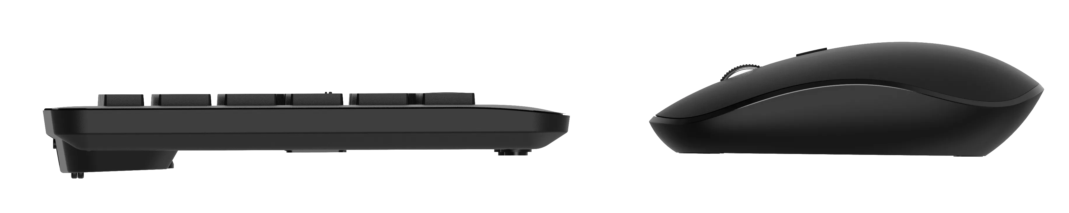 Widok z boku czarnej klawiatury i myszy. Klawiatura ma kilka widocznych klawiszy. Mysz ma kółko przewijania.