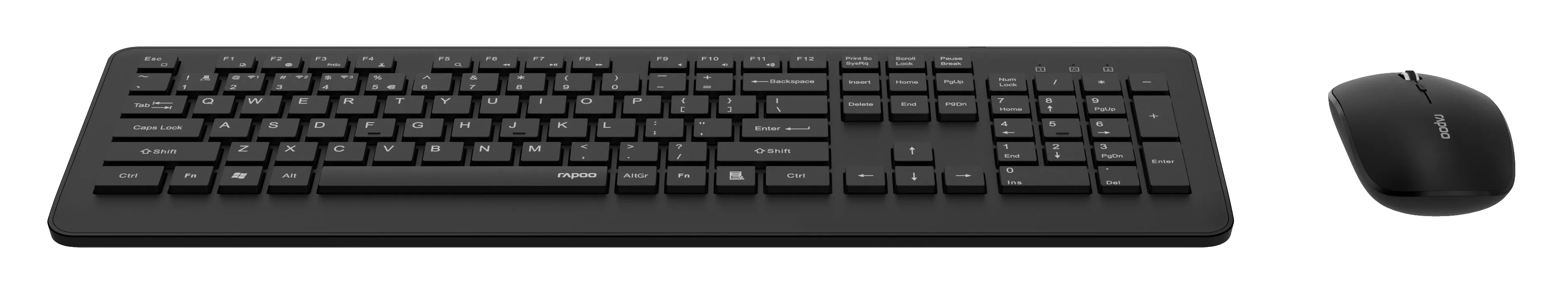 Czarny zestaw klawiatury i myszy. Klawiatura ma klawisze z literami i cyframi. Mysz jest po prawej.