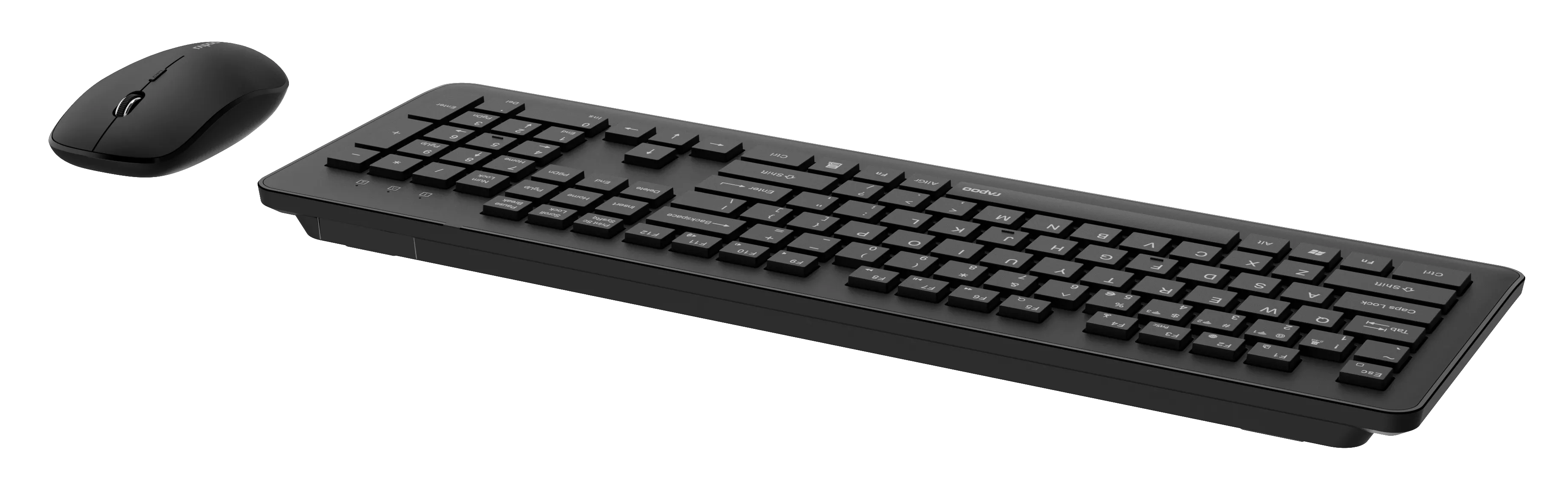 Czarny zestaw klawiatury i myszy. Klawiatura ma klawisze z literami i cyframi. Mysz ma kółko przewijania.