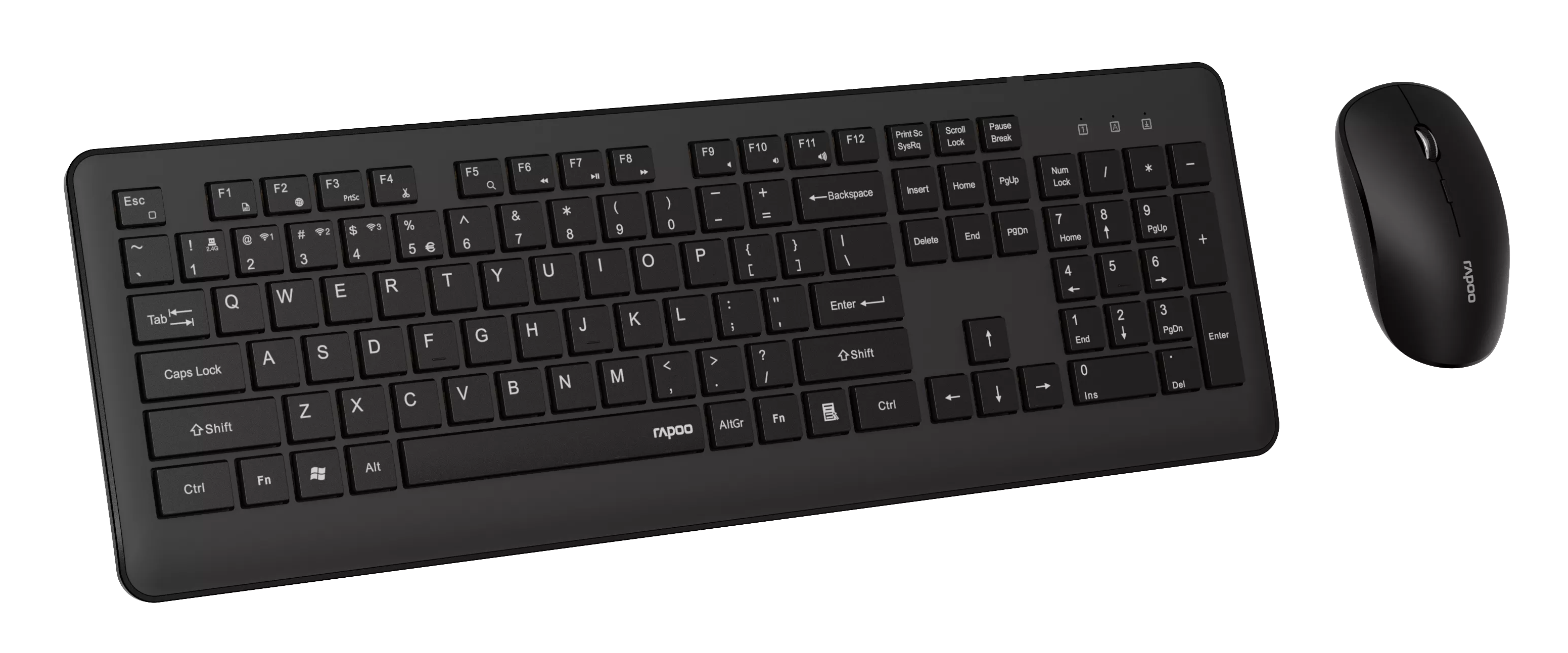 Czarny zestaw klawiatury i myszy. Klawiatura ma klawisze, a mysz logo Rapoo.